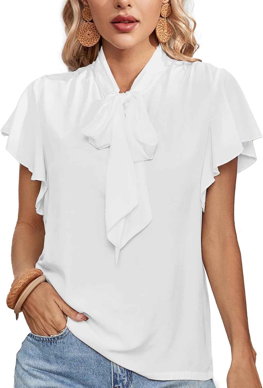 Rooscier Women's Bow Tie Neck Ruffle Short Sleeve Vintage Retro Work Blouse Top - Image 4