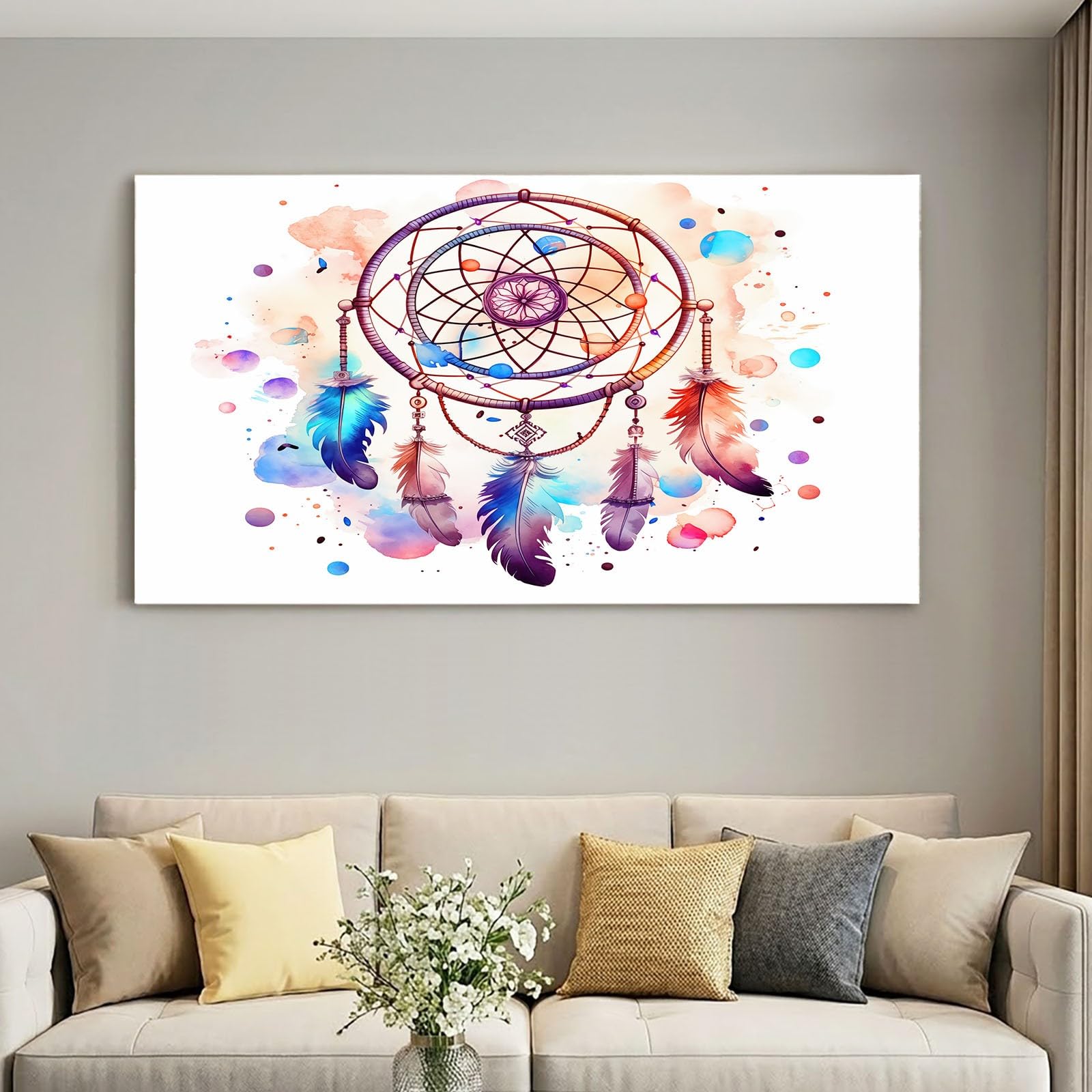 Leinwandbild Bilder 90 x 60 cm Bohème Wanddeko, Weiß Traumfänger Feder Kunstdruck, Wandbilder für Wohnzimmer, Schlafzimmer & Esszimmer