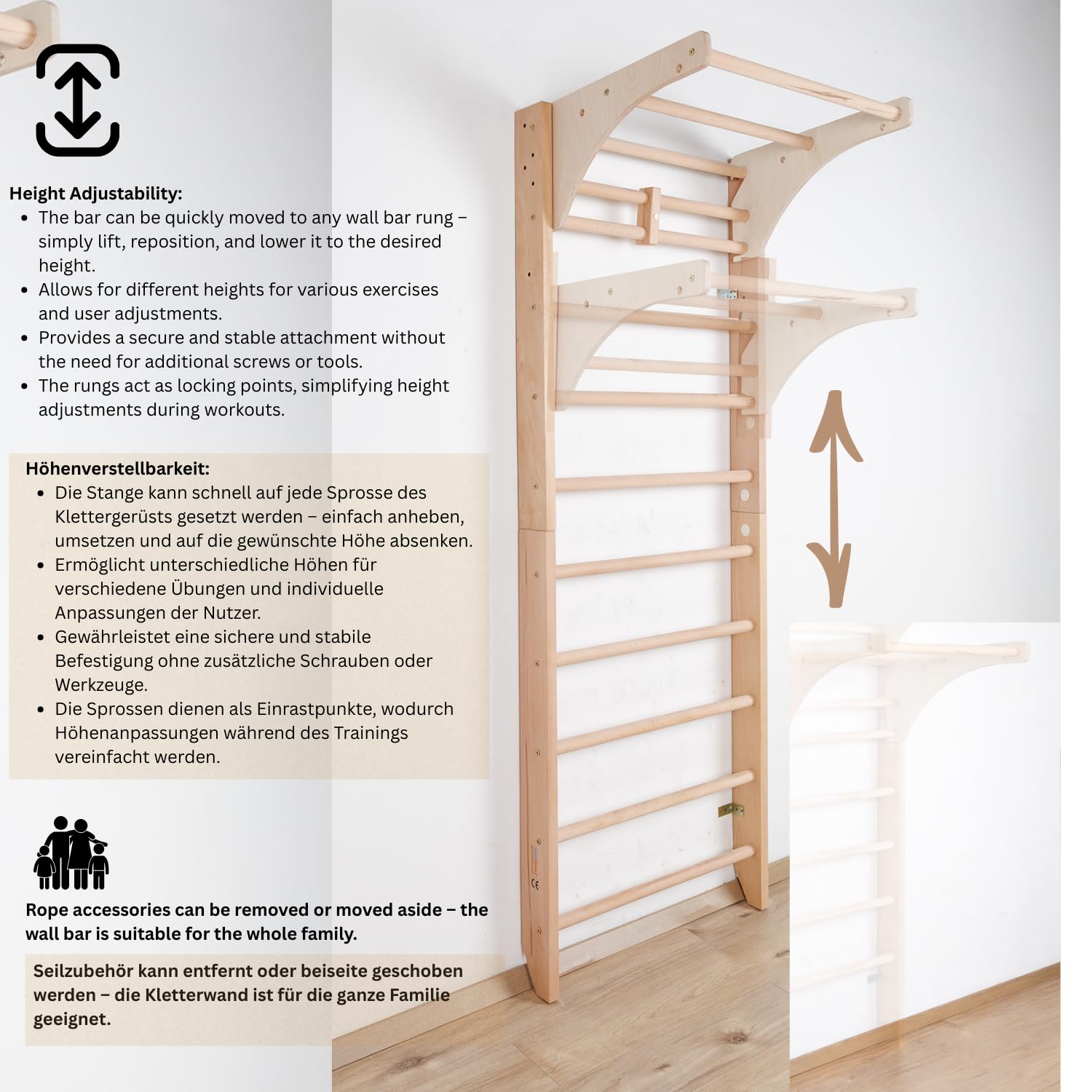 Turnwand, Sprossenwand Kombi-3-240-Farbe Kletterwand aus Holz für Kinder & Erwachsene – Indoor Fitness Klettergerüst mit Klimmzugstange & Zubehör