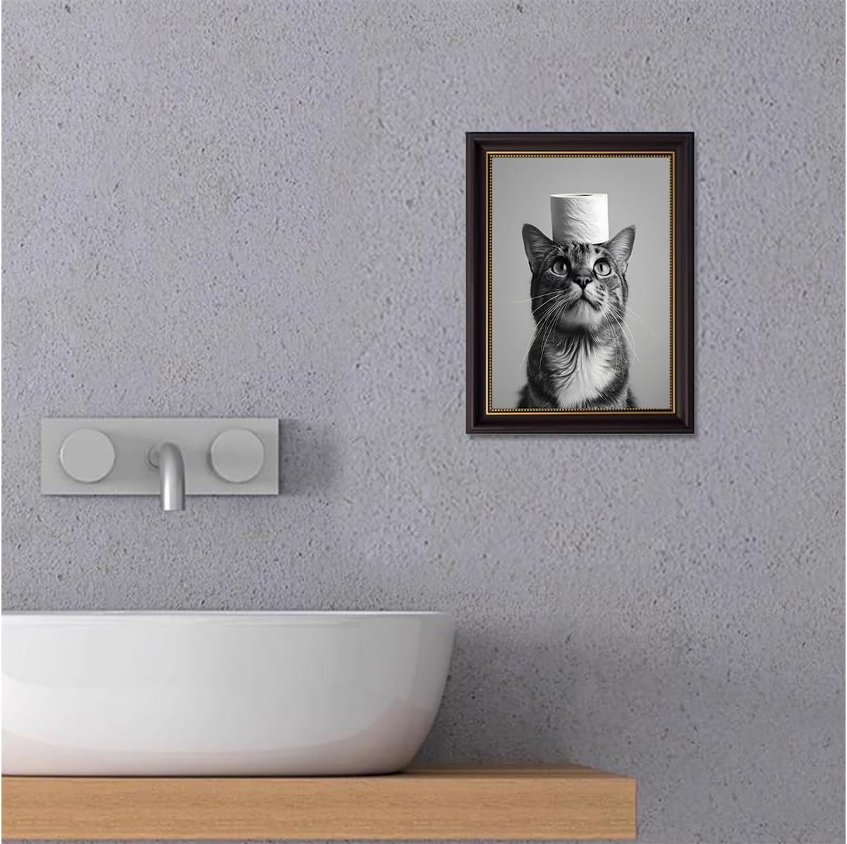 American Dark Brown Framed Cat Canvas Wall Art Fun Bathroom Animal Wall Decor Cute Cat Black and White Animal Poster Print Suitable for Bathroom and Home Décor Frame Size 12x16 In