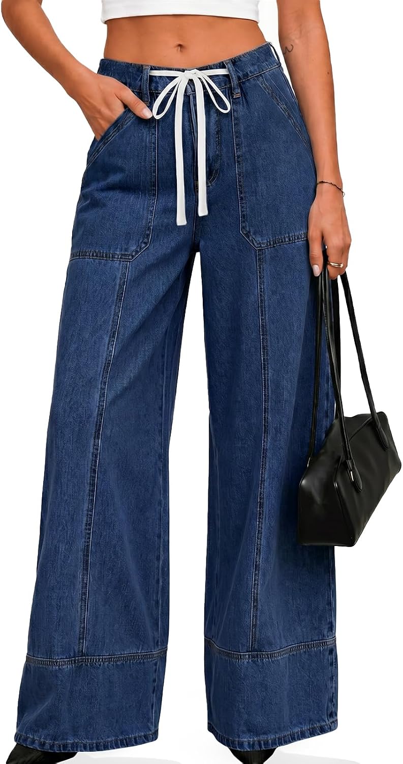 Flowyair Womens Baggy Drawstring Wide Leg Jeans High Waisted Seam Pants