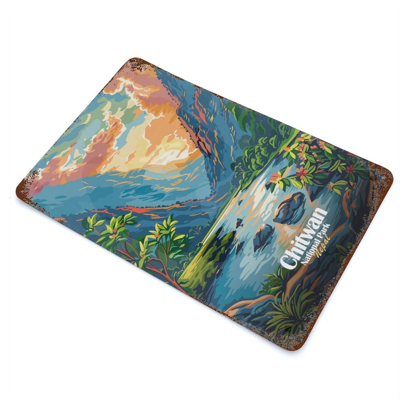 Chitwan National Park, Nepal Illustration Rust Effect Tin Sign 11.8"x7.9", Industrial Home Decor for Bistro, Counter And Cafe Decor