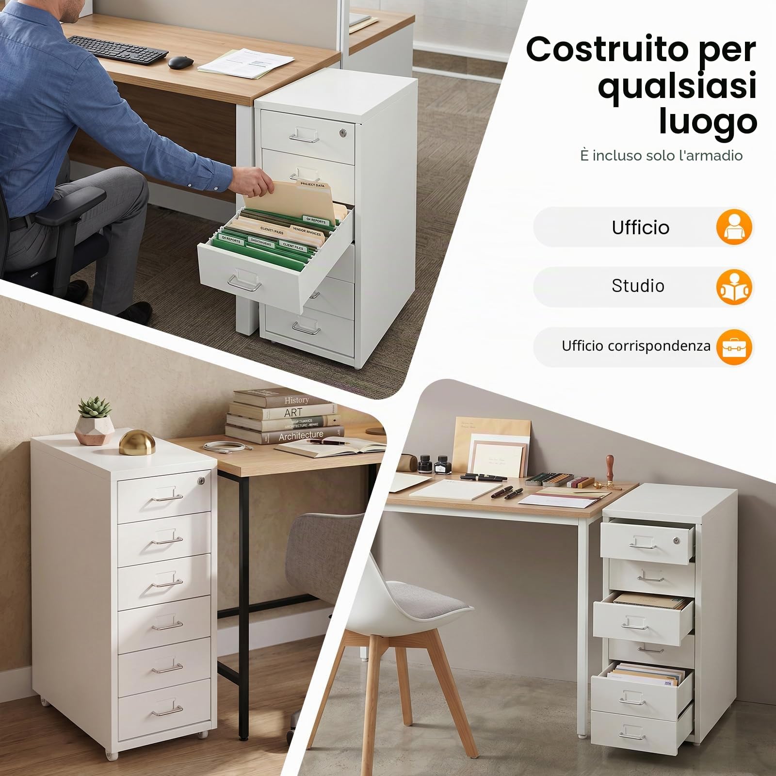 Cassettiera con 6 cassetti, armadietto con serratura, cassettiera a rotelle, in metallo, con scomparto per carte di credito, per casa, ufficio (bianco)