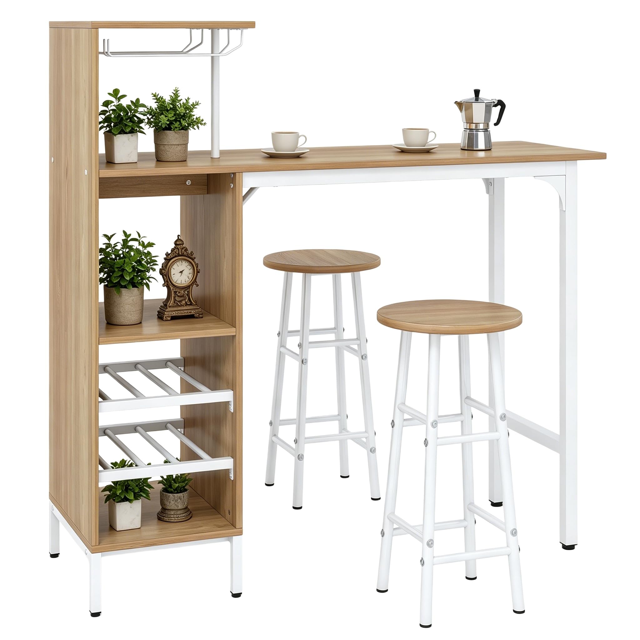 LIFEZEAL Lot Table Bar avec 2 Tabourets, Mange-Debout et Chaises avec Repose-Pieds, Table à Manger avec Porte-gobelet et 5 Étagères, Table Bistrot Acier Industriel, Charge 150kg (Naturel)