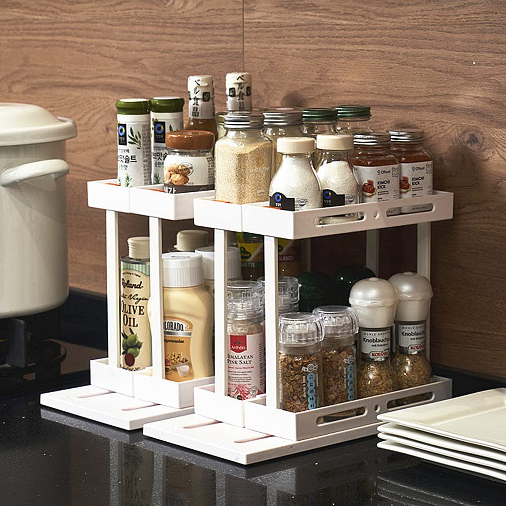 MYUYEE Rotating Spice Rack Plastic Seasoning Spice Jar Rack Storage 2 Tier Pull Out Cabinet Organiser - Best For Tidy Spices Herbs - Spice Rack Kitchen Cupboard Pantry Organi(White-30 * 30 * 20Cm)