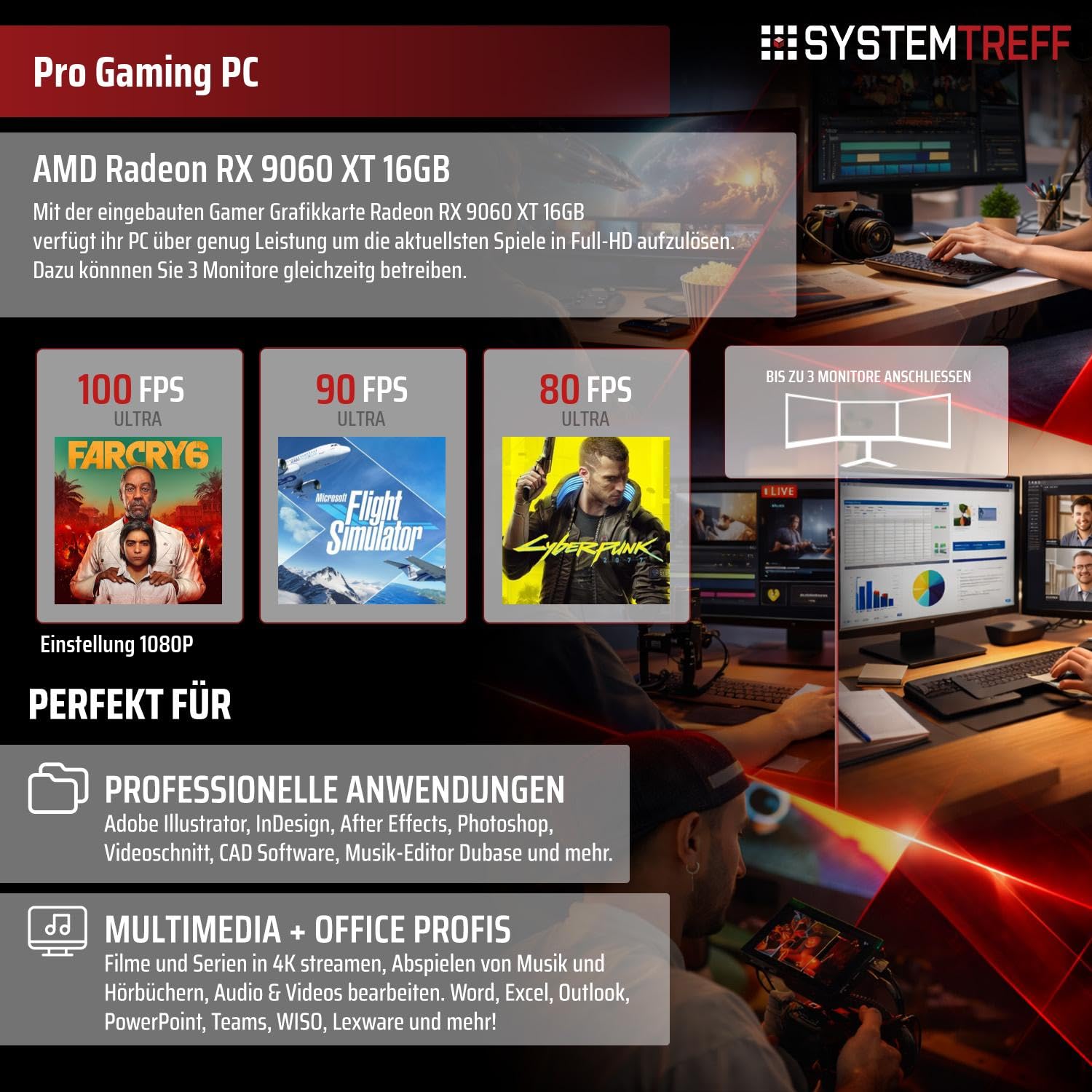 SYSTEMTREFF Gaming PC - AMD Ryzen 5 7500F - RX 9060 XT 16GB | AMD 6-Kern CPU bis 5 GHz, 16GB DDR5, 1TB M.2 NVMe SSD, AMD Grafik WLAN, Windows 11, für Gaming, Streaming