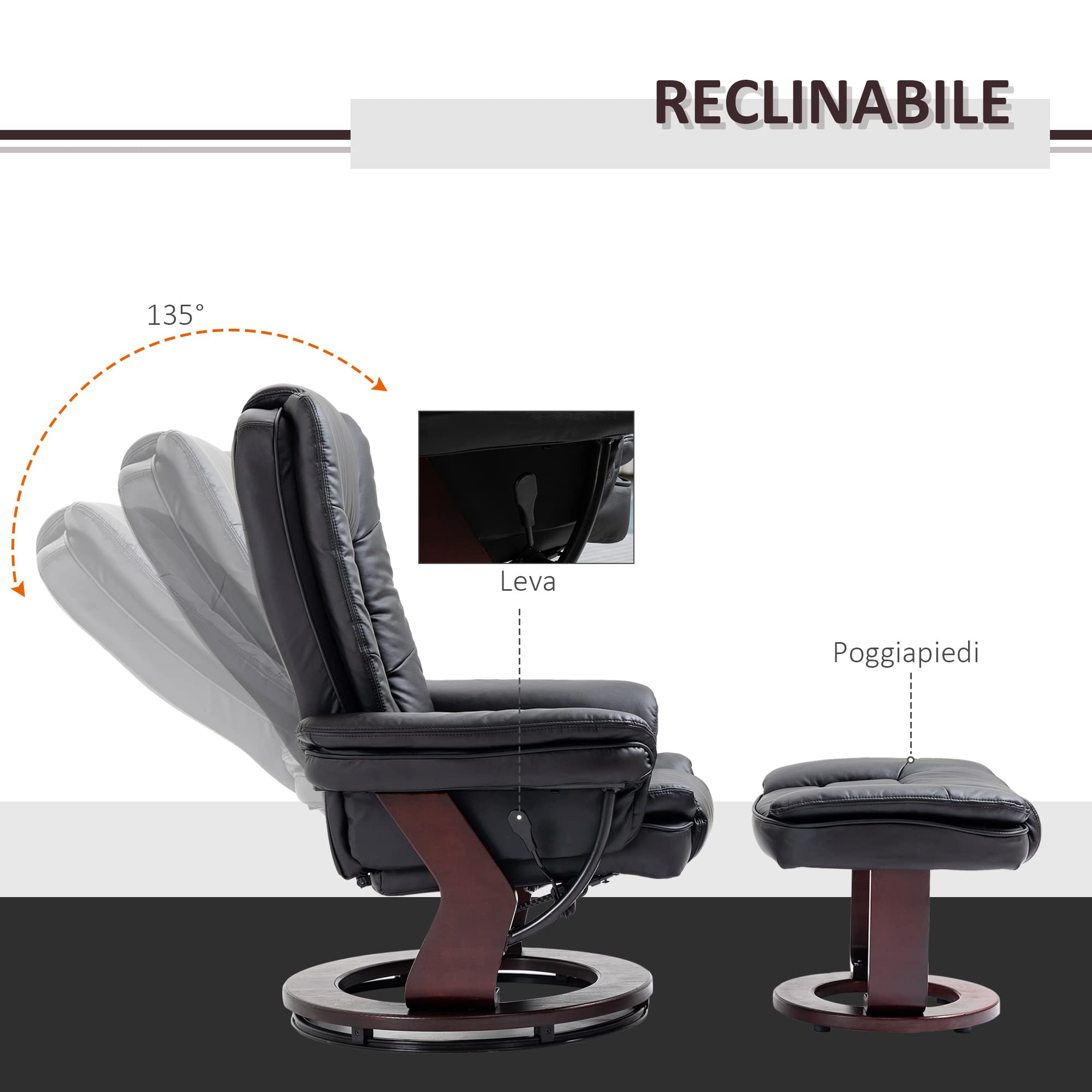 HOMCOM Poltrona con Poggiapiedi Reclinabile 135°, Poltrona Relax Ergonomica Girevole con Pouf, Poggiatesta e Braccioli in Pelle PU per Camera, Ufficio, Soggiorno e Salotto, 85x82x106 cm, Nero