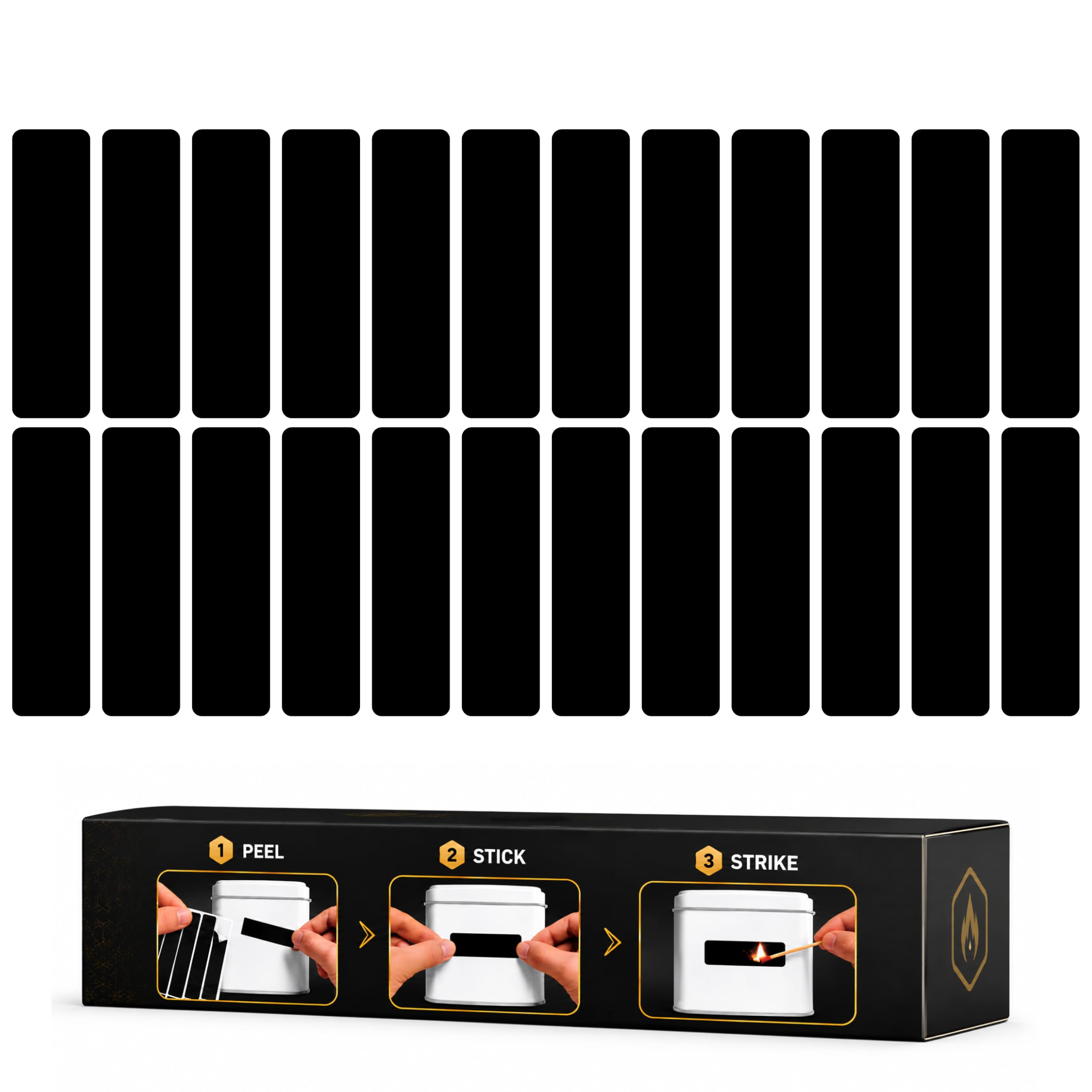 24 Count Sheet of Color Adhesive Match Striker Strip Stickers (2" x 1/2") | Replacement Stryker Stricker for Safety Matches | Peel &amp; Stick Flint Lighter Pad for Craft Wooden Mach Book (Black)