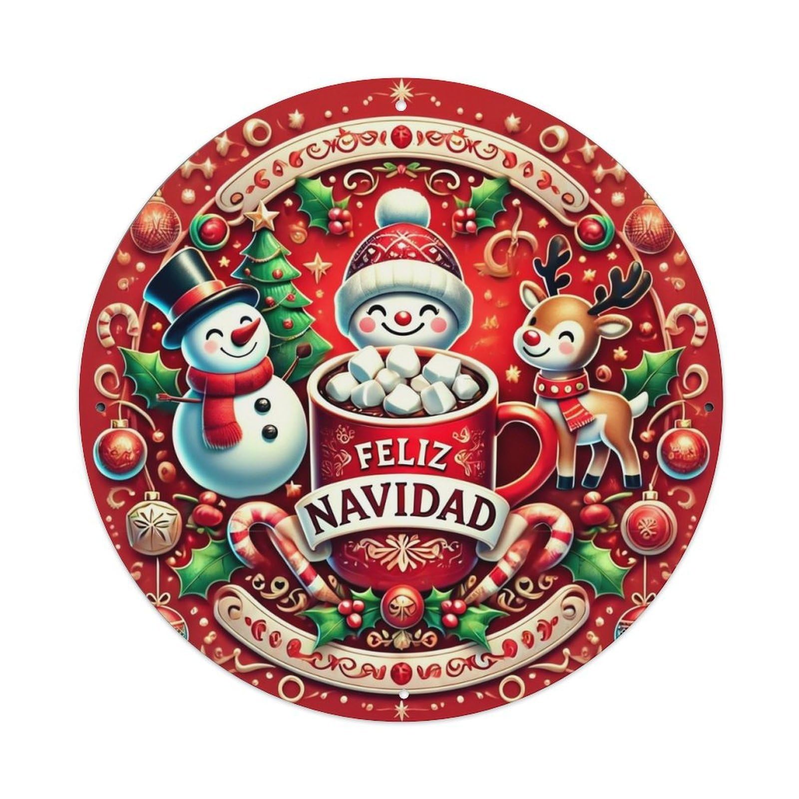 Christmas Snowman Reindeer Mug Round Metal Tin Sign Vintage Wall Decor, Bar Garage Cafe Kitchen Home Wall Art Poster 8x8inches