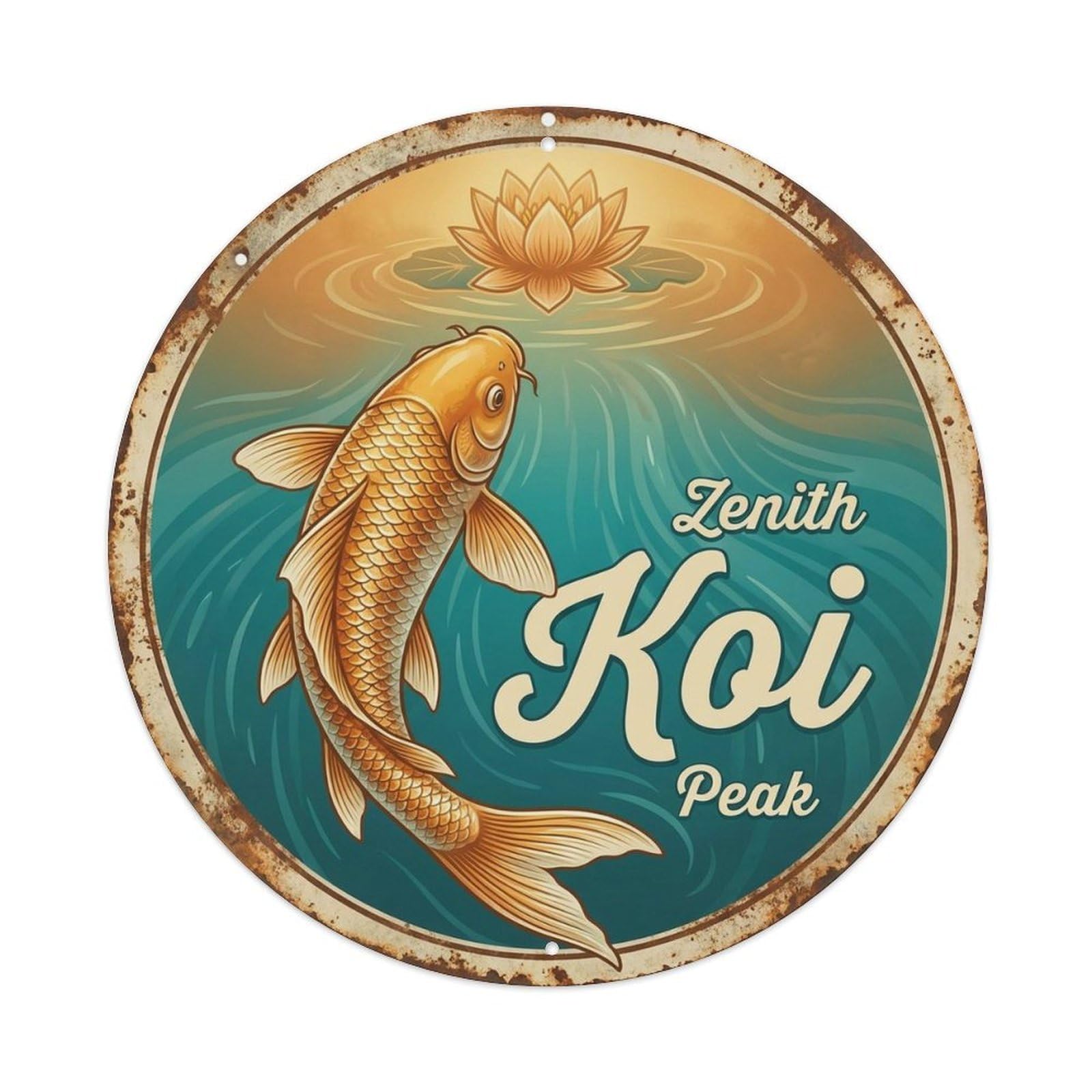 Japanese Koi Retro Illustration Zen Classic Metal Tin Sign Plaque Wall Decor for Cafe, Man Cave, Club Bar, Office, Home Garden Round Metal Poster 8x8Inch