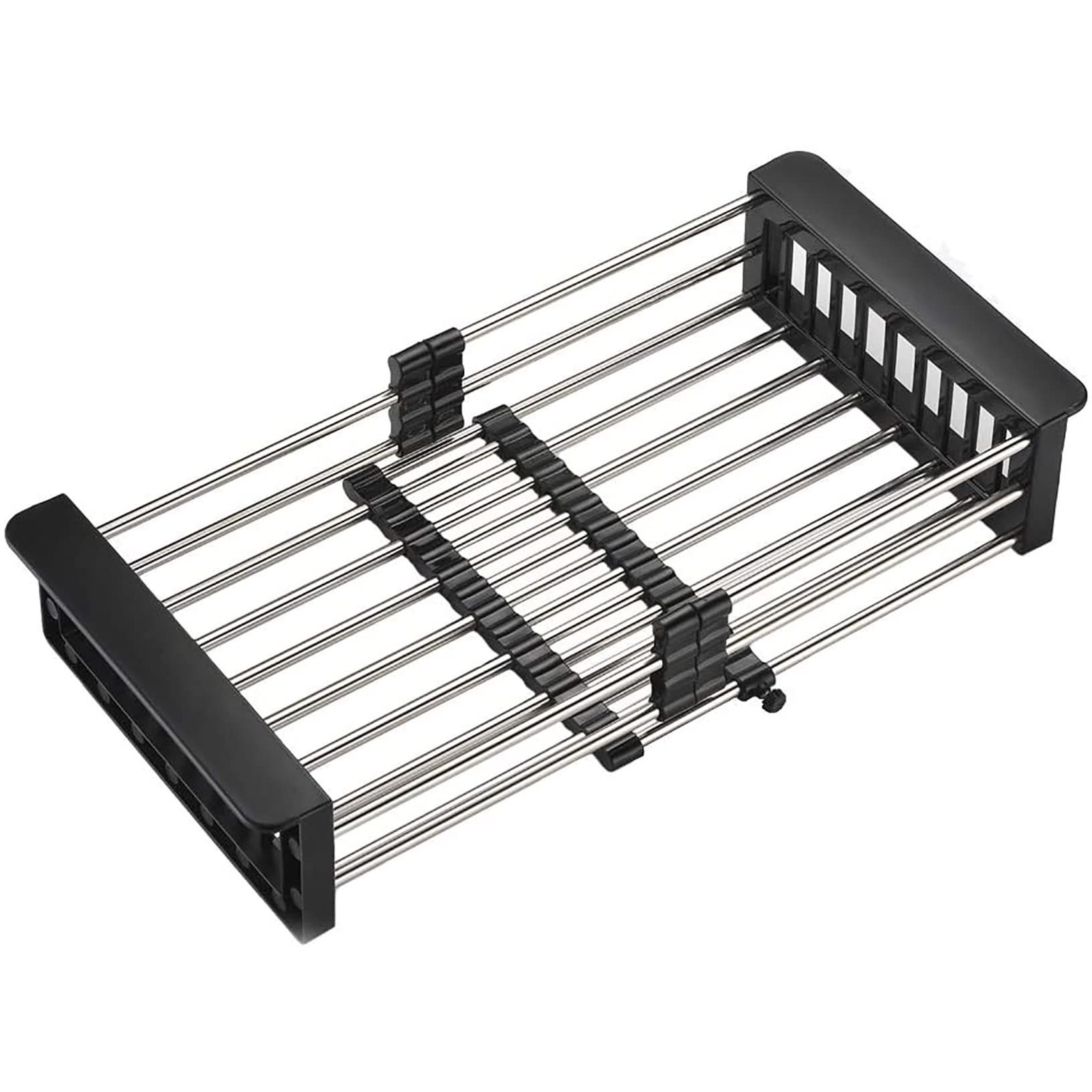 Dish Drying Rack Black, Adjustable Stainless Steel Drainer Basket Drain Tray for Dish Vegetable Fruit, 18.2" x 8.9", On or in Sink Kitchen Basket Dish Drying Rack