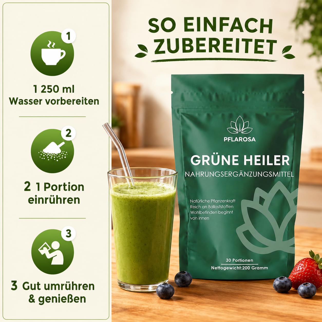 Grüne Entgiftungspulver 200g Superfood Pulver,Greens Pflanzenpulver mit Matcha, Gerstengras, Spirulina & Heidelbeeren,Reich an Ballaststoffen & Mikronährstoffen,Vegan – Täglicher Energie Helfer