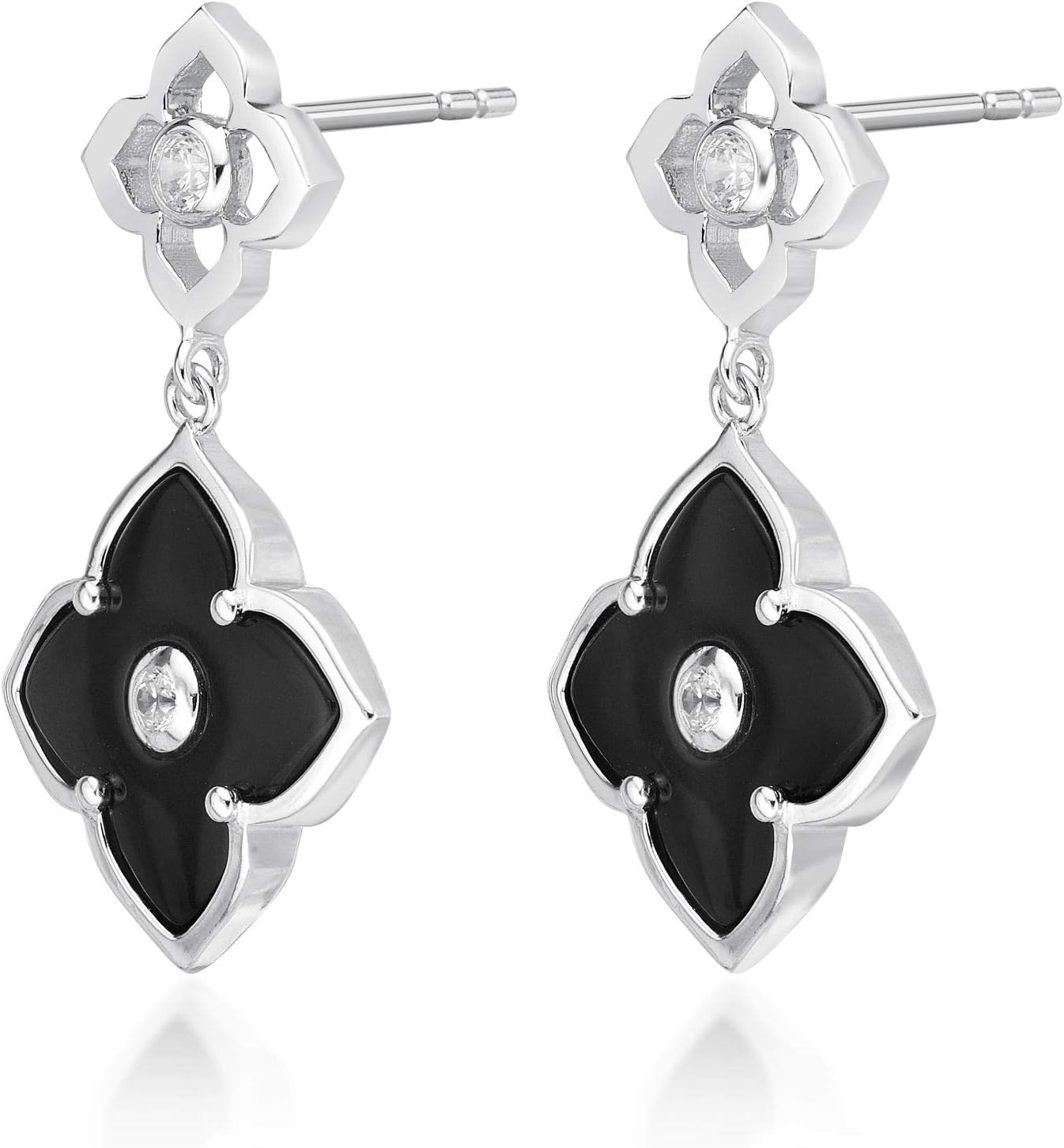 Black Onyx, Green Malachite or Mother of Pearl Flower Dangling Drop Earrings for Women in 925 Sterling Silver with Rose Gold Plating Post Back by Lavari Jewelers - Image 3