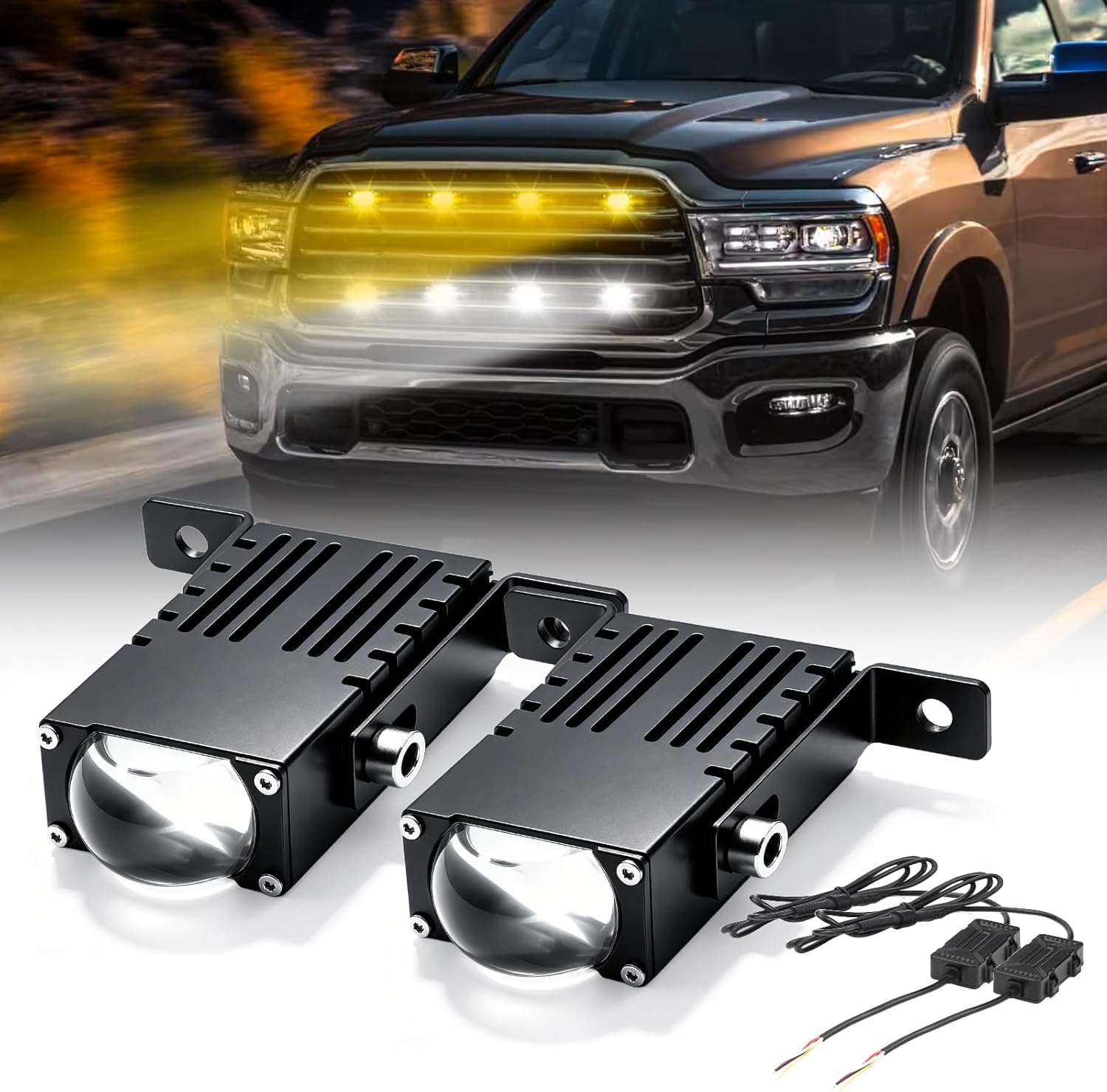 BraveWAY 4PCS Super Bright Grill Driving Lights, Mini Projector Fog Lights for Car/Truck/Offroad/UTV/ATV, Slim LED Bar, Hi-Lo Beam, White/Yellow
