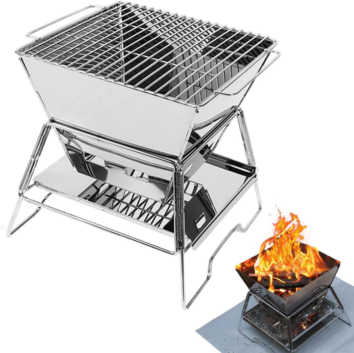 Portable Wood Stove | Stainless Steel BBQ Picnic Camp Stove | Stable Folding Outdoor BBQ Grill Wood Burner for Bonfire, Barbecue and Picnic