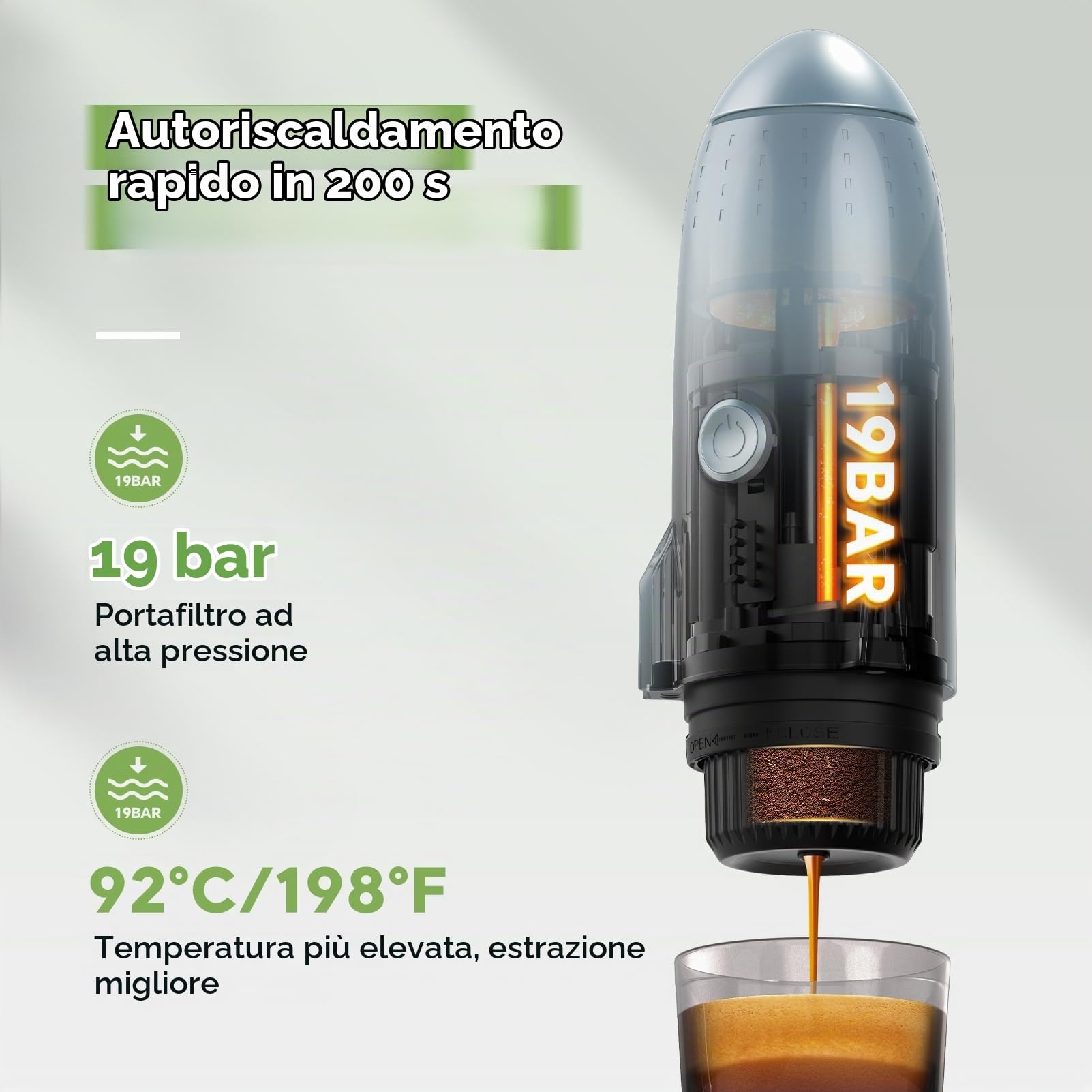 Macchina per caffè espresso portatile 3 in 1, macchina per espresso elettrica auto-riscaldante, caffettiera da viaggio a 19 bar con caffè macinato e cialda NES PRESSO/DolceGusto, grigio spazio