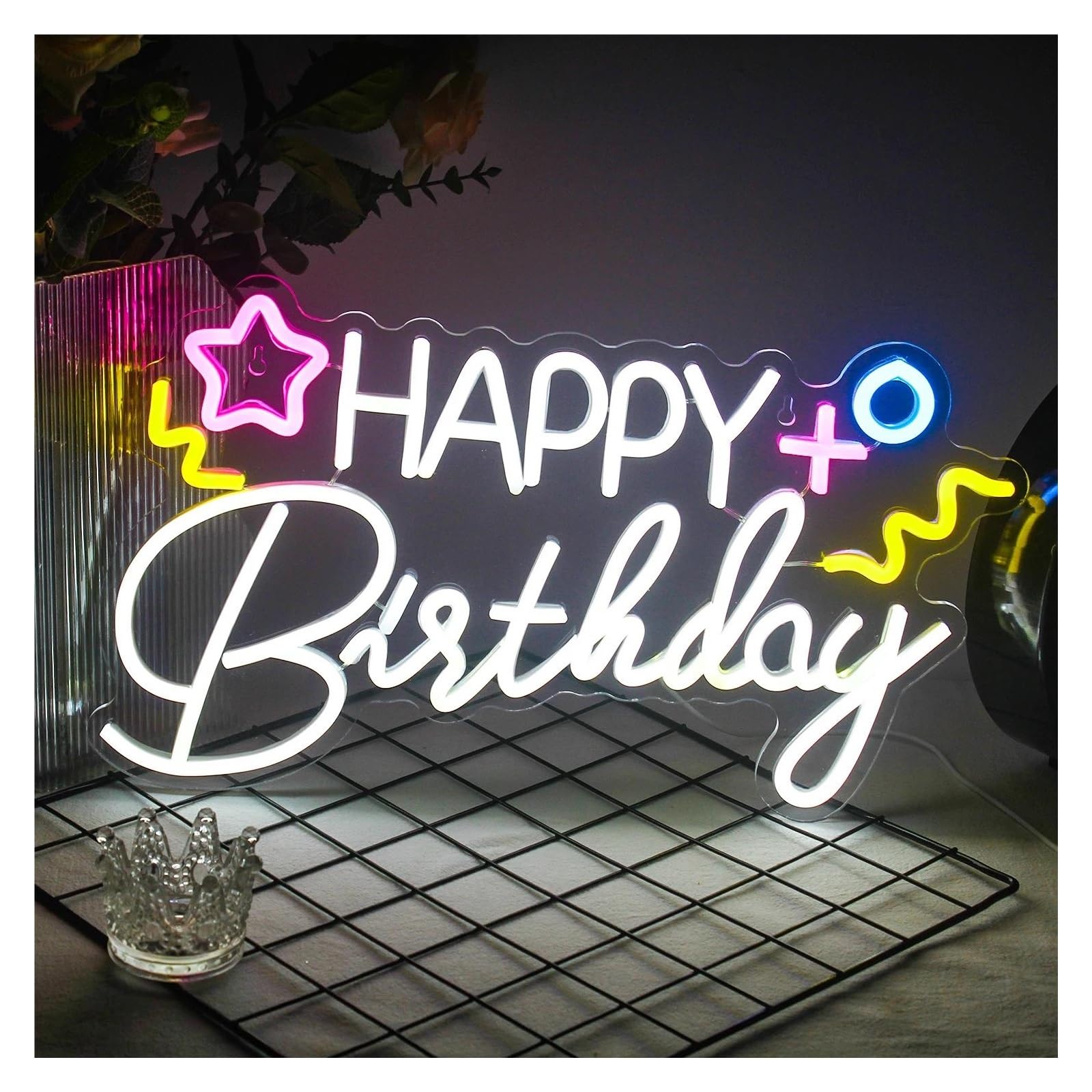 Decoración Lámparas Happy Birthday Letrero De Neón Lámpara De Pared Con Letreros De Letras Artísticas Regulables Alimentada Por USB, Para Tienda Decoración De Pared 25cm×43cm
