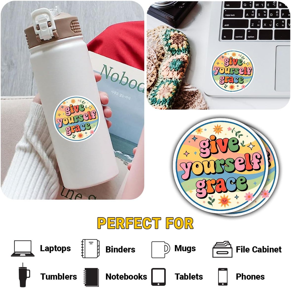 シールコレクションノート ドリーム -100均 通販 ダイソーオンラインショップ【公式】 (3枚) Give Yourself Grace ステッカー – インスピレーションを与える引用ビニールデカール 防水 ノートパソコ
