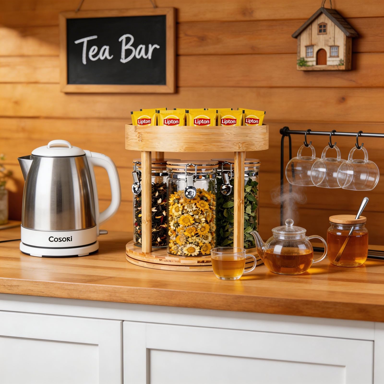 KKC HOME ACCENTS Kaffee-/Tee-Bar-Zubehör-Organizer für Arbeitsplatte, luftdichte Glas-Kaffeedosen mit drehbarem Bambusgestell für Kaffeebohnen, gemahlenen Kaffee, Tee, Kaffeekapseln