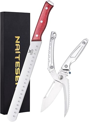 Naitesen 2PCS Brisket Carving Knife and All Purpose Kitchen Shears Set, Grilling Knives Heavy Duty Poultry Scissors, Butcher Slicing Knife for Vegetable Meat Beef Turkey Cutting, Gifts for Men Women