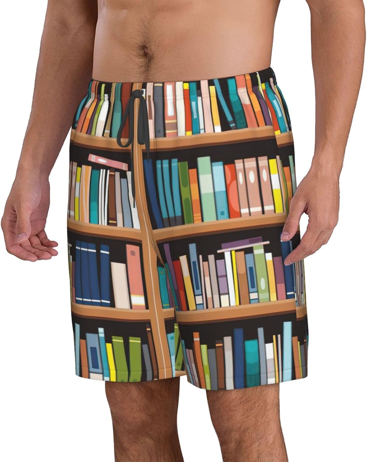 Library Bookshelf. Print Men's Hawaiian Beach Shorts Elastic Novelty Summer Casual Shorts with Pocket