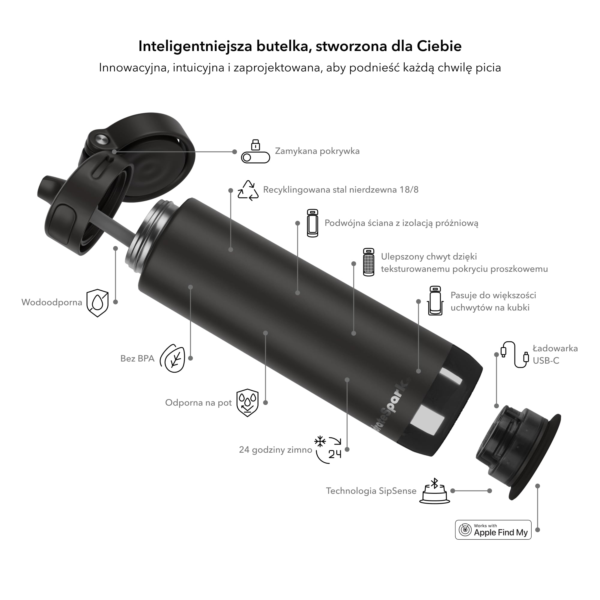 HidrateSpark PRO 2 Butelka Inteligentna – 621 ml Stal Nierdzewna Izolowana, Monitoruje Nawodnienie, LED & Dźwięk Przypomnienia, Bluetooth App, Korek ze Słomką, BPA-Free, Czarna (z Apple Find My)