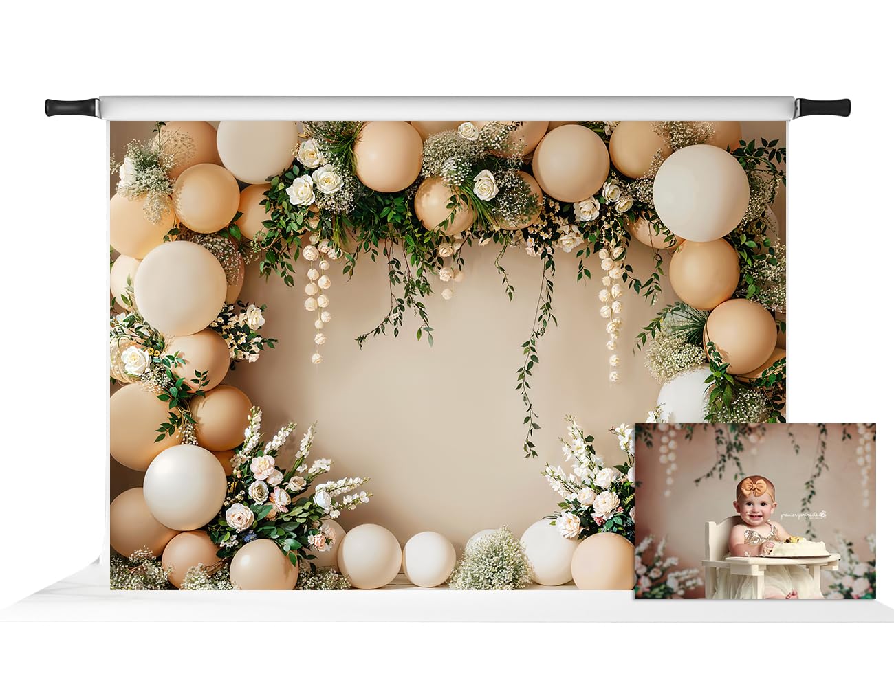 Kate Flower Cake Smash Professional Photo Backdrops White Flower Green Plant Backgrounds for Kids Beige Balloon Circle Wall Backdrop, 7X5ft
