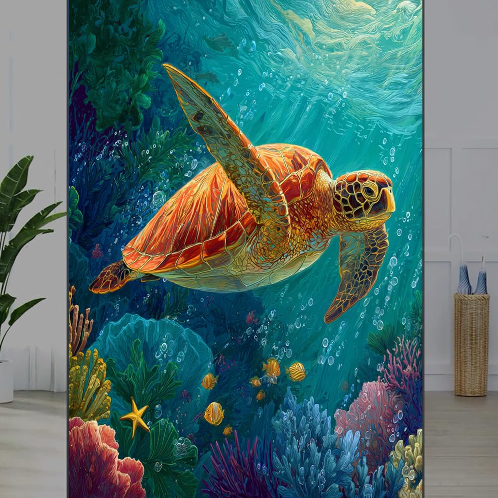FOCCAFB Nautical Sea Turtle Stained Glass Window Film, Coral Reef Scenery Peel and Stick Privacy Film, Frosted Adhesive Vinyl Decorative for Bathroom Windows Glass Doors, （45x60cm）