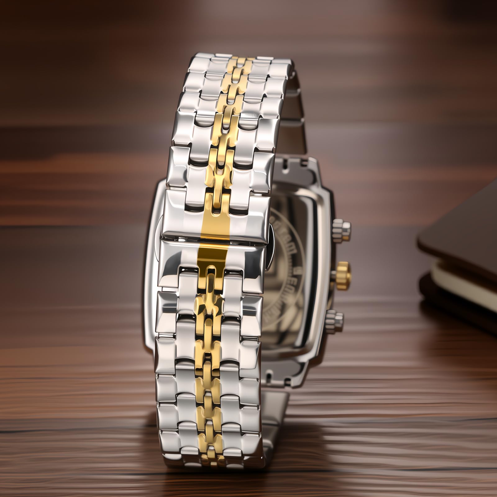 OIDEA Montre carrée élégante pour homme : date chronographe analogique à quartz multifonction argenté doré classique business cadran noir bracelet en acier inoxydable montre cadeau pour homme