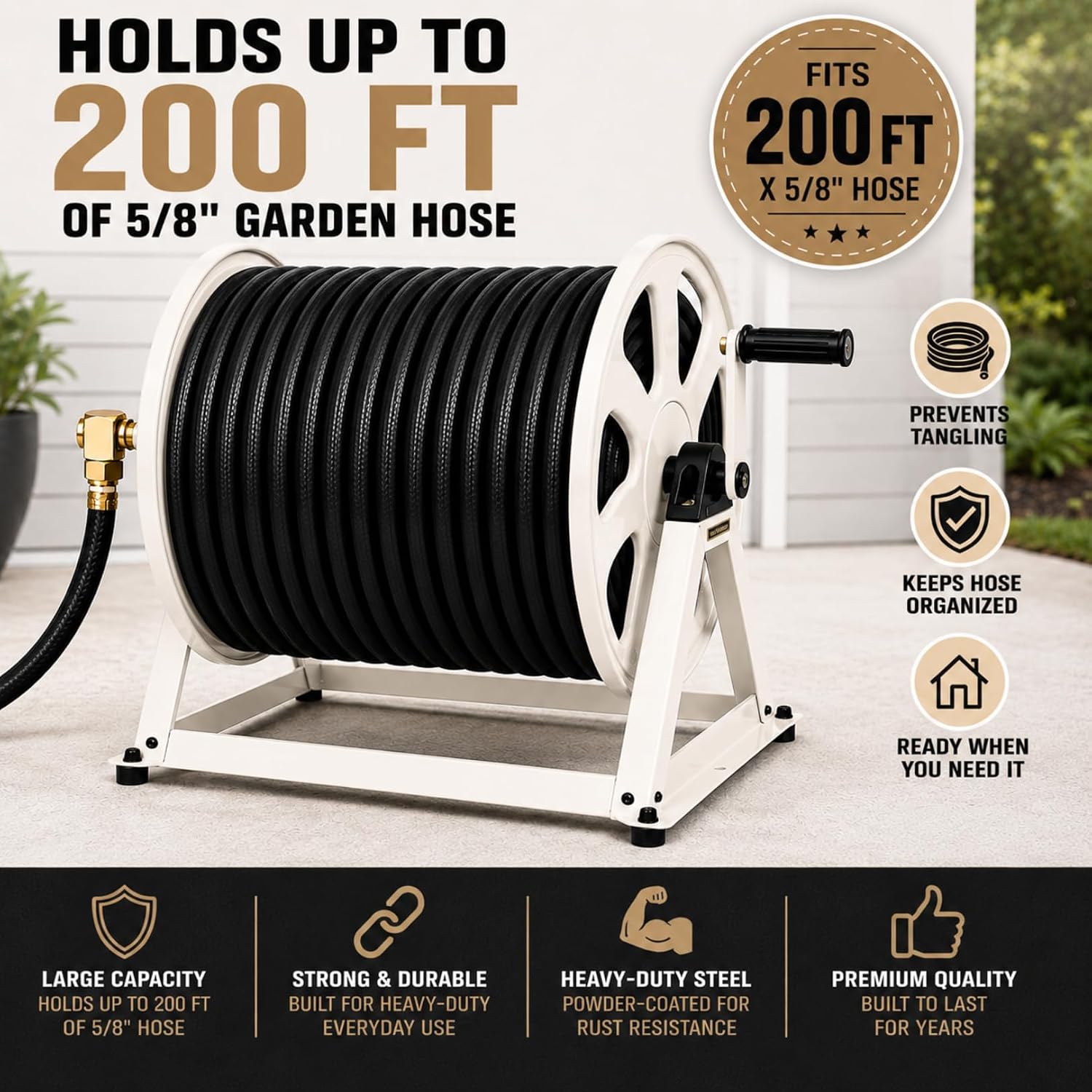 Dual Floor and Wall Mounted Garden Hose Reel, Holds 200ft of Water Hose, Heavy Duty Metal Hose Reel, Space Saving Hose Reel Organizer for Yard, Garage & Shed (White)
