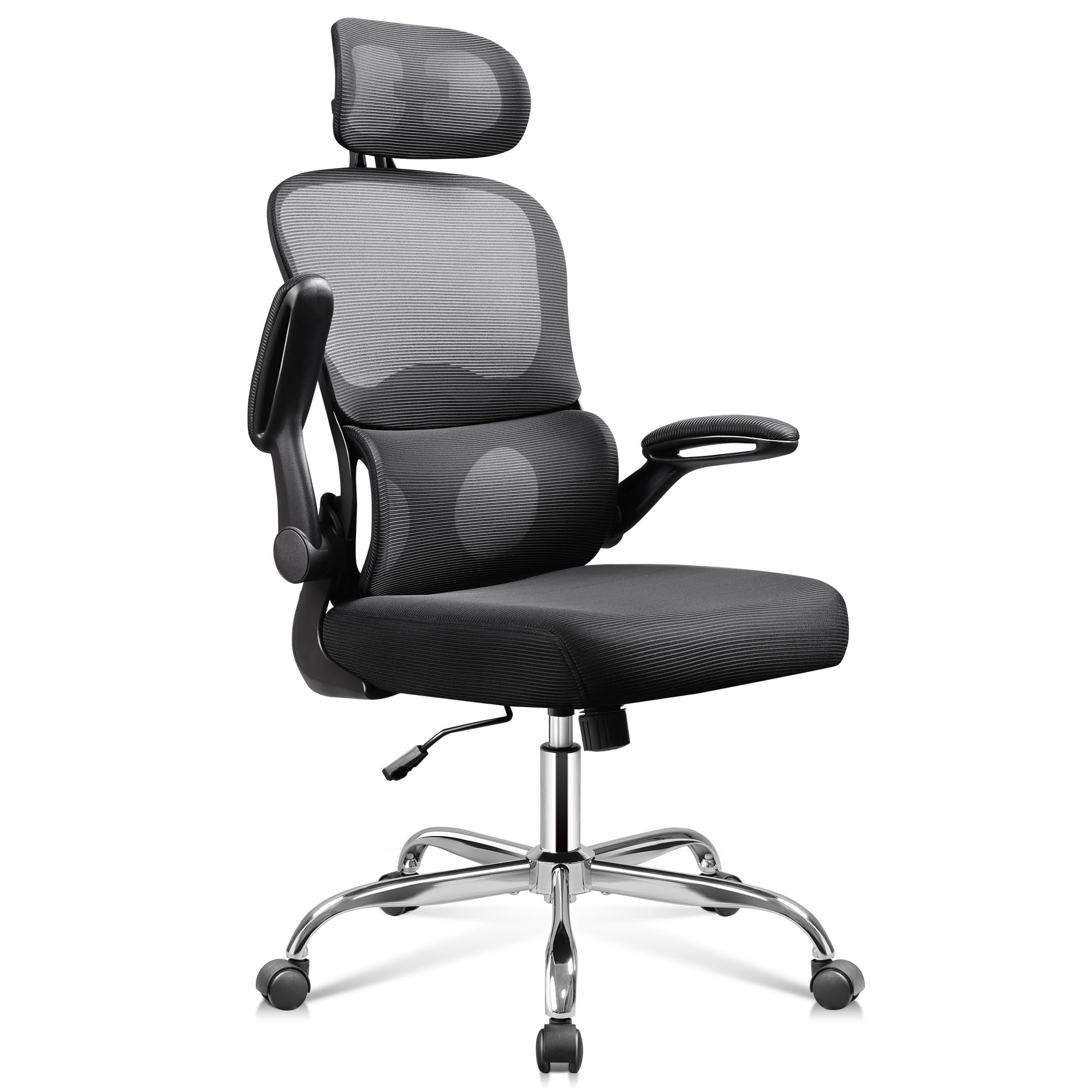 DEVAISE Ergonomic Mesh Office Chair with Lumbar Support, Swivel Comfy Home Office Chair with High Back, Flip-up Armrests with Breathable Mesh, Black
