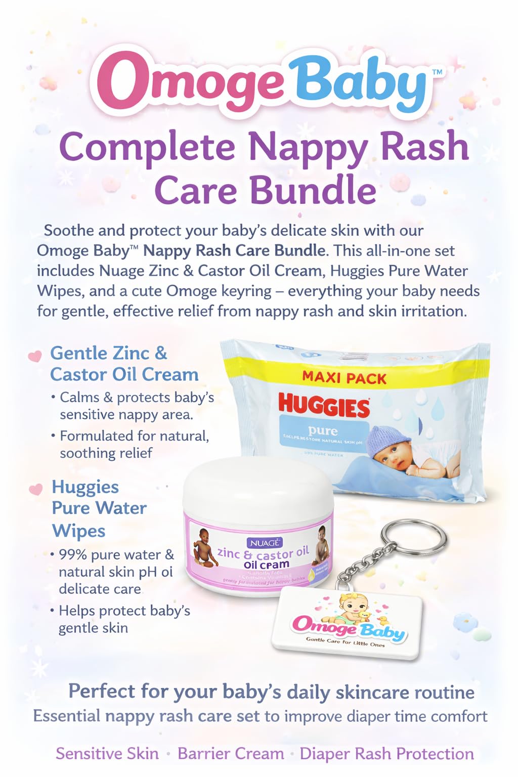 Newborn Nappy Care Bundle - Zinc Castor Oil Nappy Cream + Plastic Free Baby Wipes + Omoge Keyring - Image 3