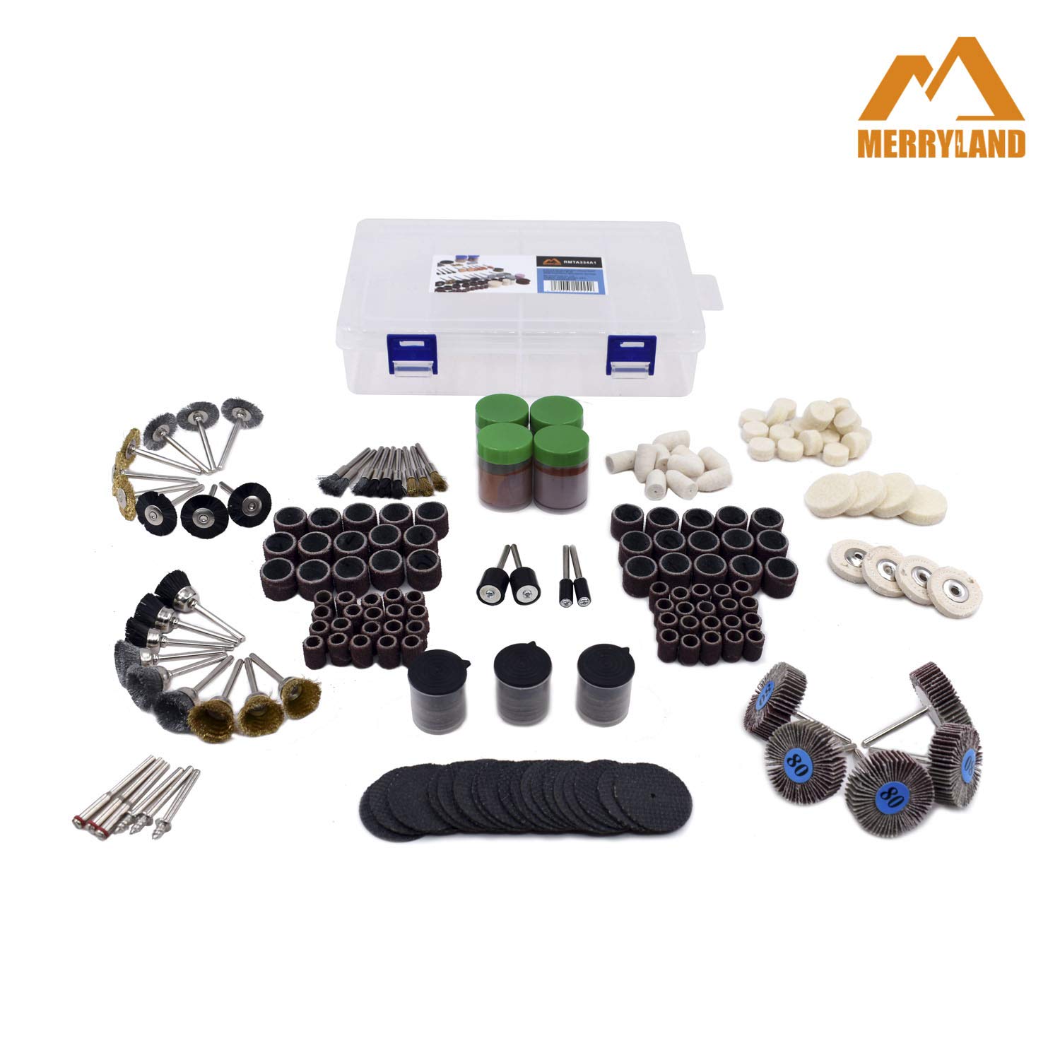 MerrylandRotary Tool Accessory for Dremel 334pcs, Sanding Band Sanding Drum Flap Wheel Sandpaper Flet Polishing Buffing Wheel Cut Off Wheel Mini Brushs, Electric Power Tool DIY, RMTA334A1