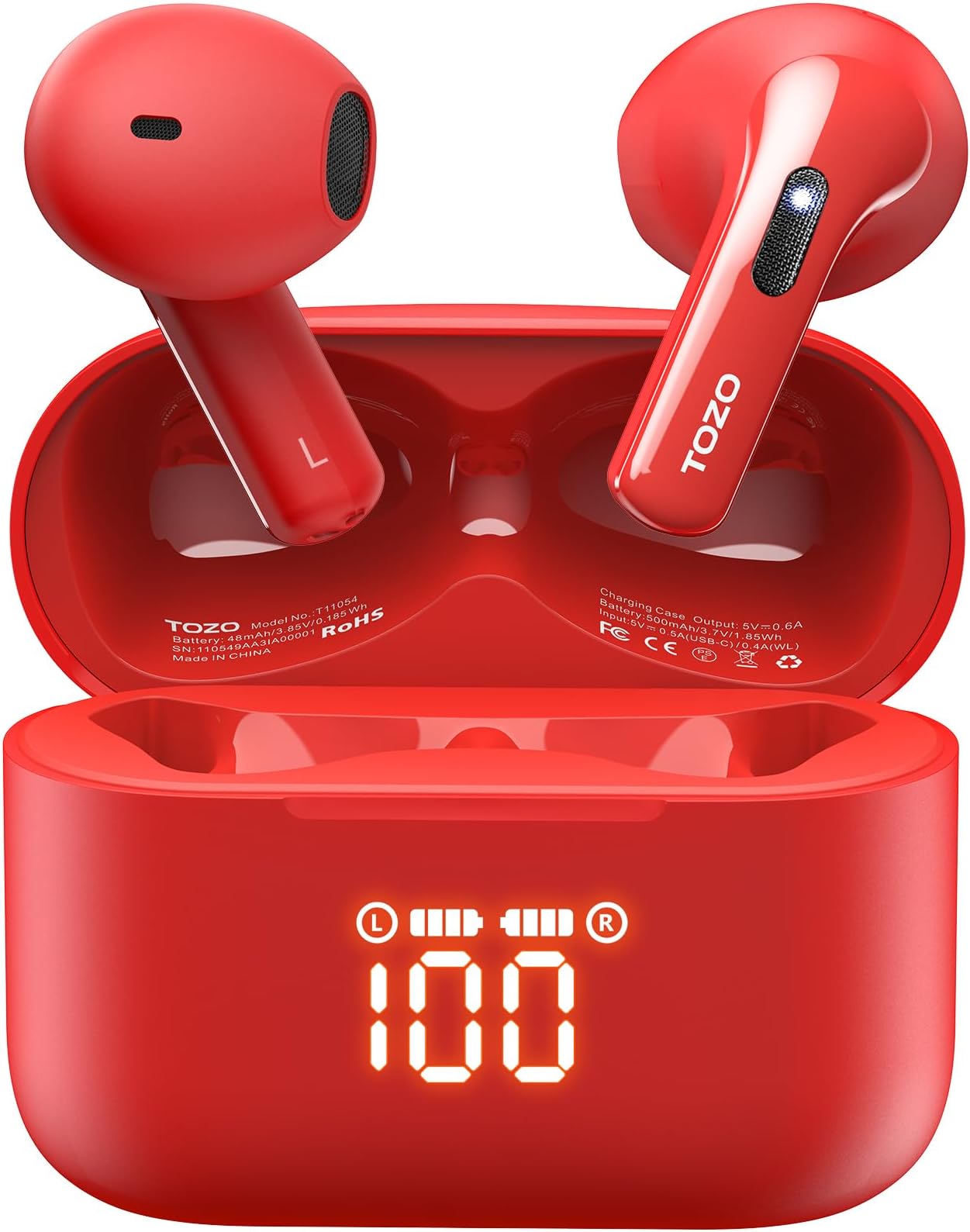 TOZO T21 Wireless Earbuds, 5.3 Bluetooth Headphone, Sem in Ear with Dual Mic Noise Cancelling, IPX8 Waterproof, 44H Playback Stereo Sound with Power Display Wireless Charging Case Red