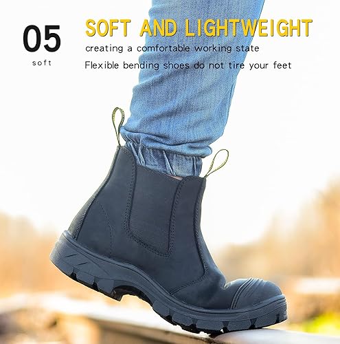 Miniatura 7 de NOLINSHIELD - Botas de trabajo con punta de acero para hombre, sin cordones, ligeras, repelentes al agua, capa superior de cuero, antideslizantes