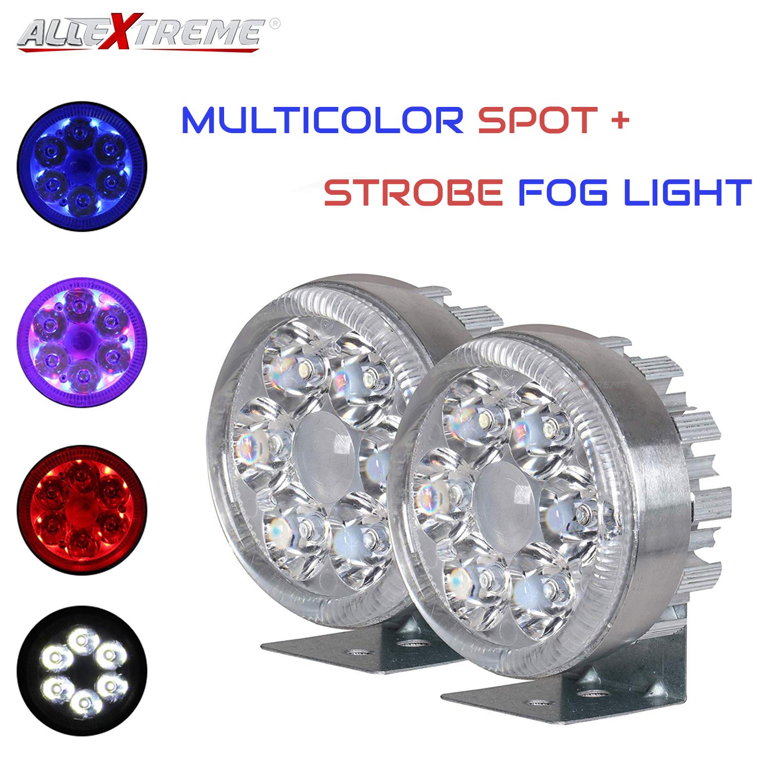 Allextreme EXG6FGL LED Fog Light with 6 Red & Blue Angel Eyes and Multicolor Strobe Flash Waterproof Spot Beam Driving Lamp for Motorcycle Bike Car SUV (10W, White Light, 2 PCS)