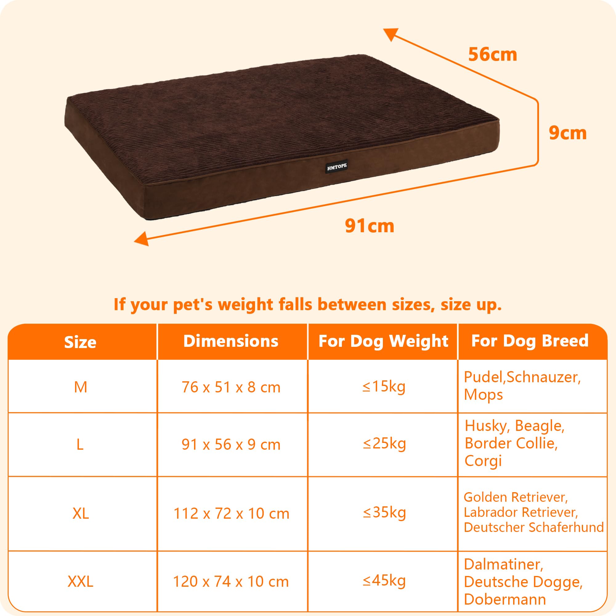 HMTOPE Lit orthopédique pour chien - Coussin pour chien de taille moyenne de 9 cm d'épaisseur - Amovible et lavable - Dessous antidérapant - Doublure imperméable - 91 cm - Marron