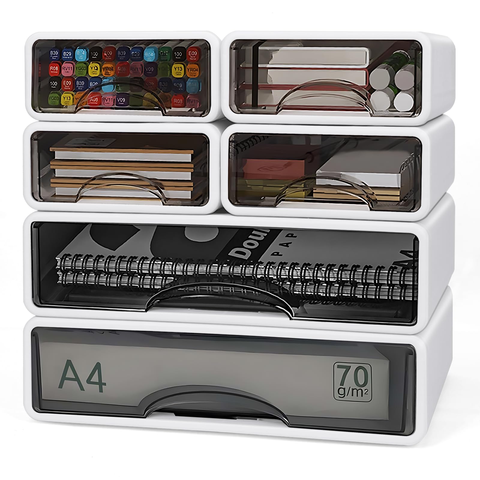6er Set Schreibtisch Schubladenbox A4 A5 Gross, Büro Organizer mit Schubladen Stapelbar, Aufbewahrungsbox mit Schublade für Stifte, Radiergummi und Schreibwaren
