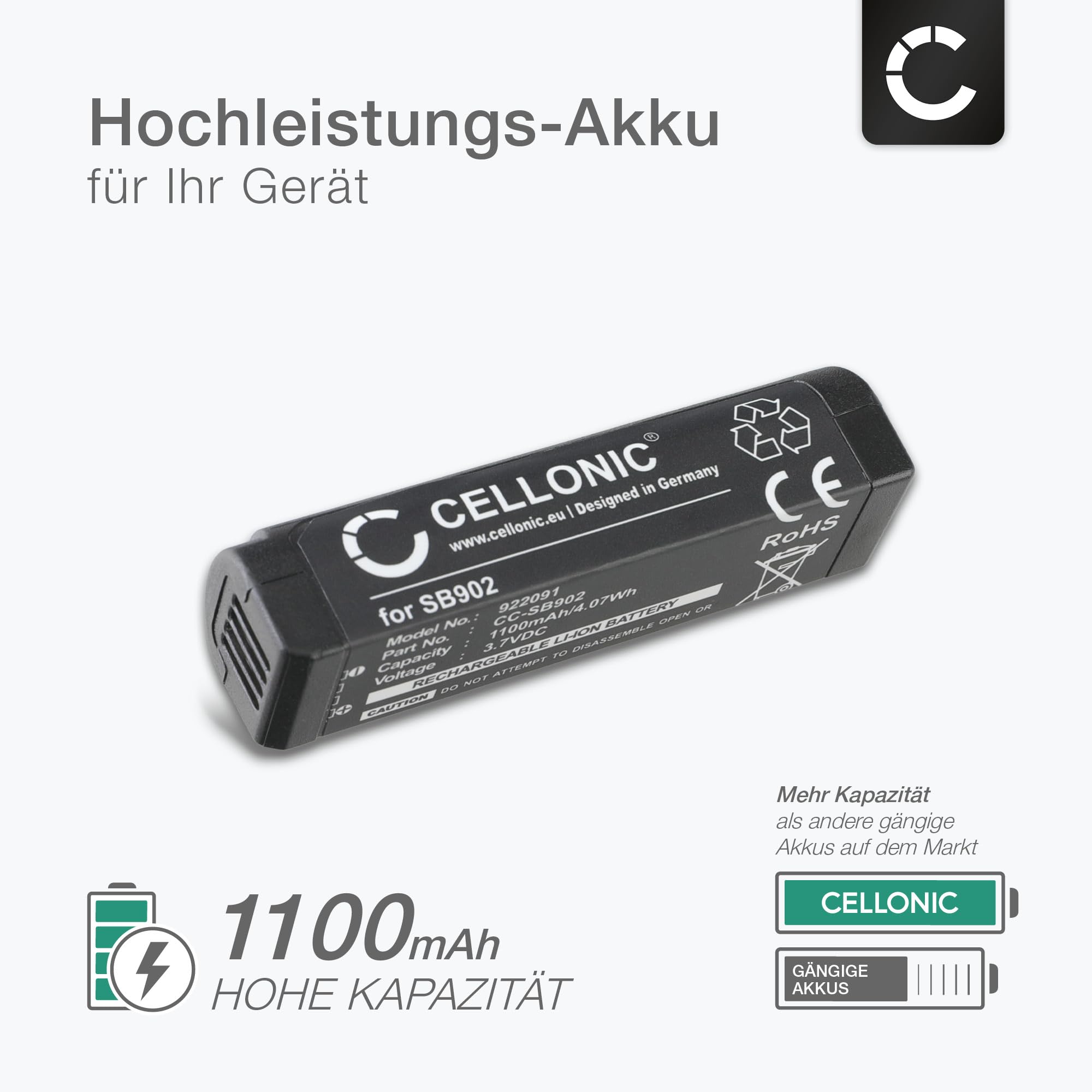 Batterie TECHTEK 1100mAh Pour Systèmes SHURE GLX-D - Remplace SB902, SB902A - Li-ion 3.7V