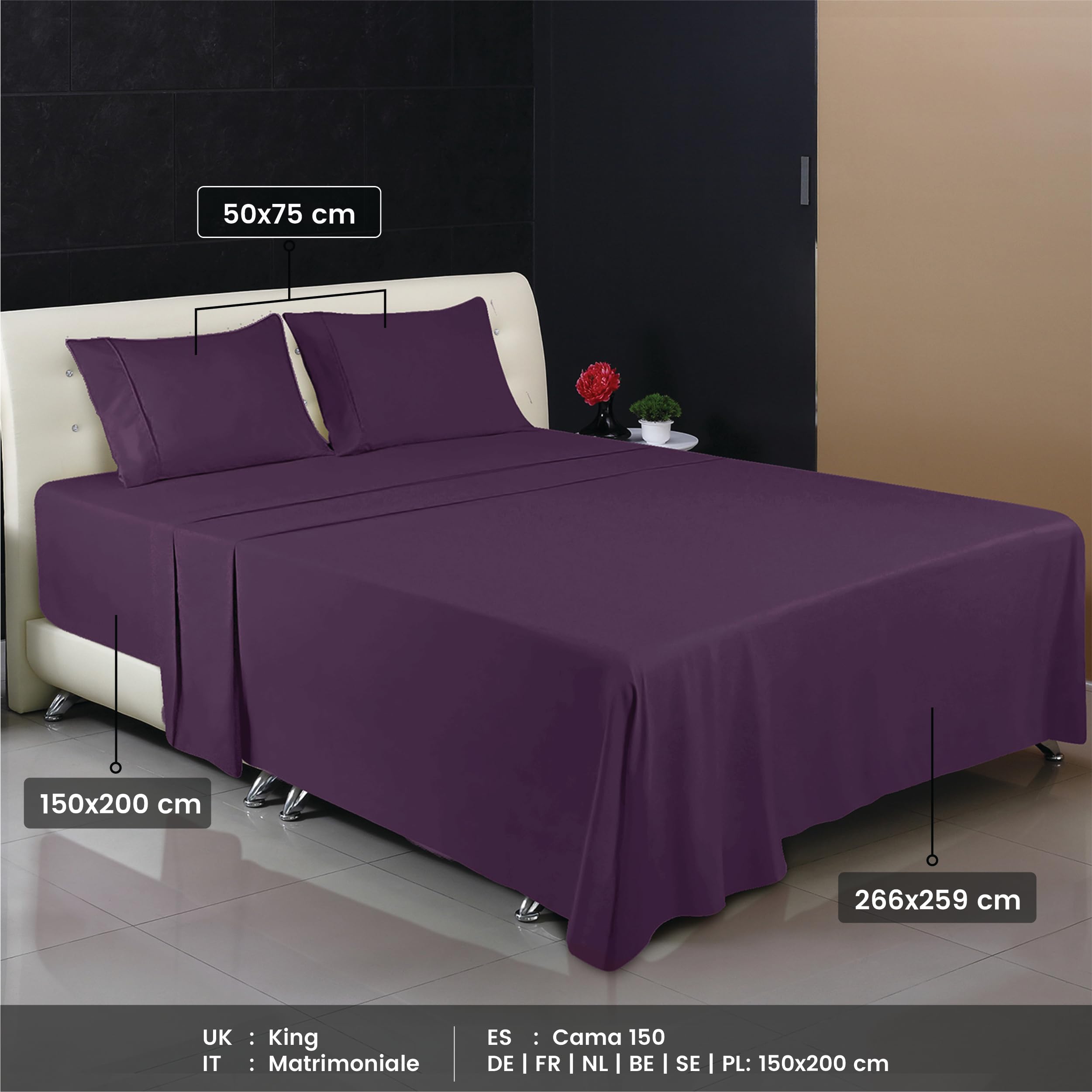 Utopia Bedding - Set Lenzuola Matrimoniali 4 Pezzi 150x200 cm - Set Lenzuola Letto, Spazzolata Poliestre di Microfibra - Lenzuolo con Angoli, Lenzuolo Piatto e 2 Federa 50x75, Porpora