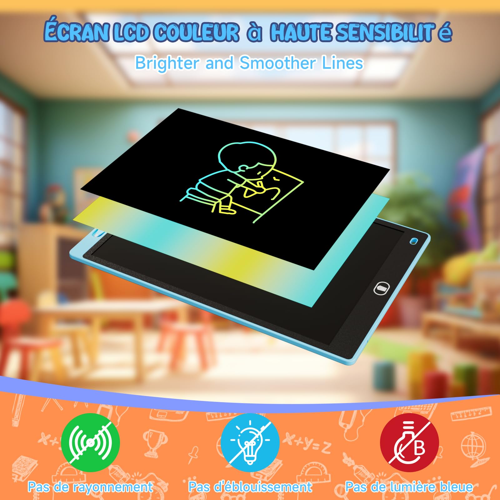 Tablette d'écriture LCD 12 Pouces Lot de 3 - Ardoise Magique Enfant avec Écran Sensible Pression & Couleurs Arc-en-Ciel