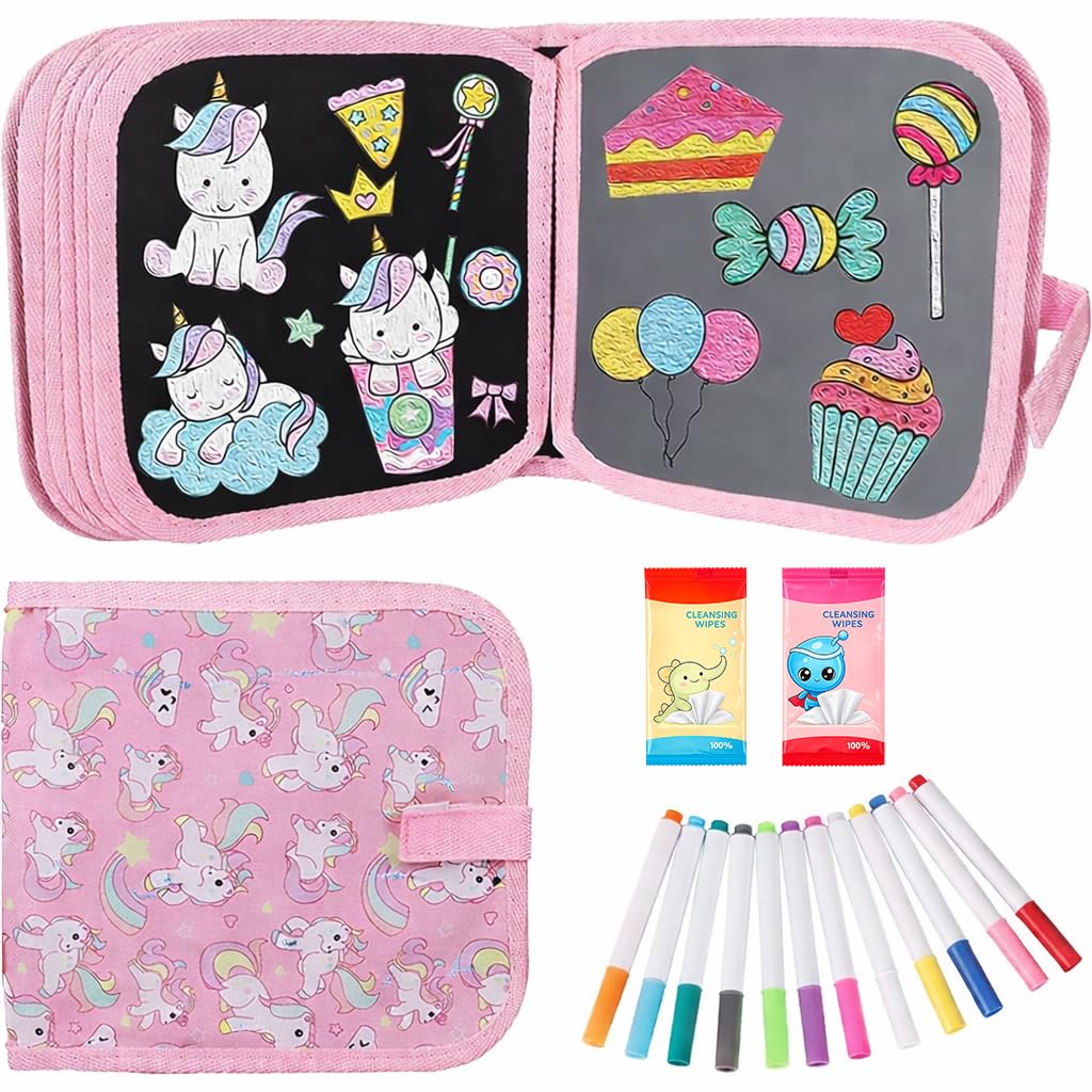 Erasable Doodle Book Set for Kids, Reusable Magic Drawing Book with Watercolor Pens, Road Trip Car Game Writing and Painting Set for Boys and Girls (Pink)-image-35