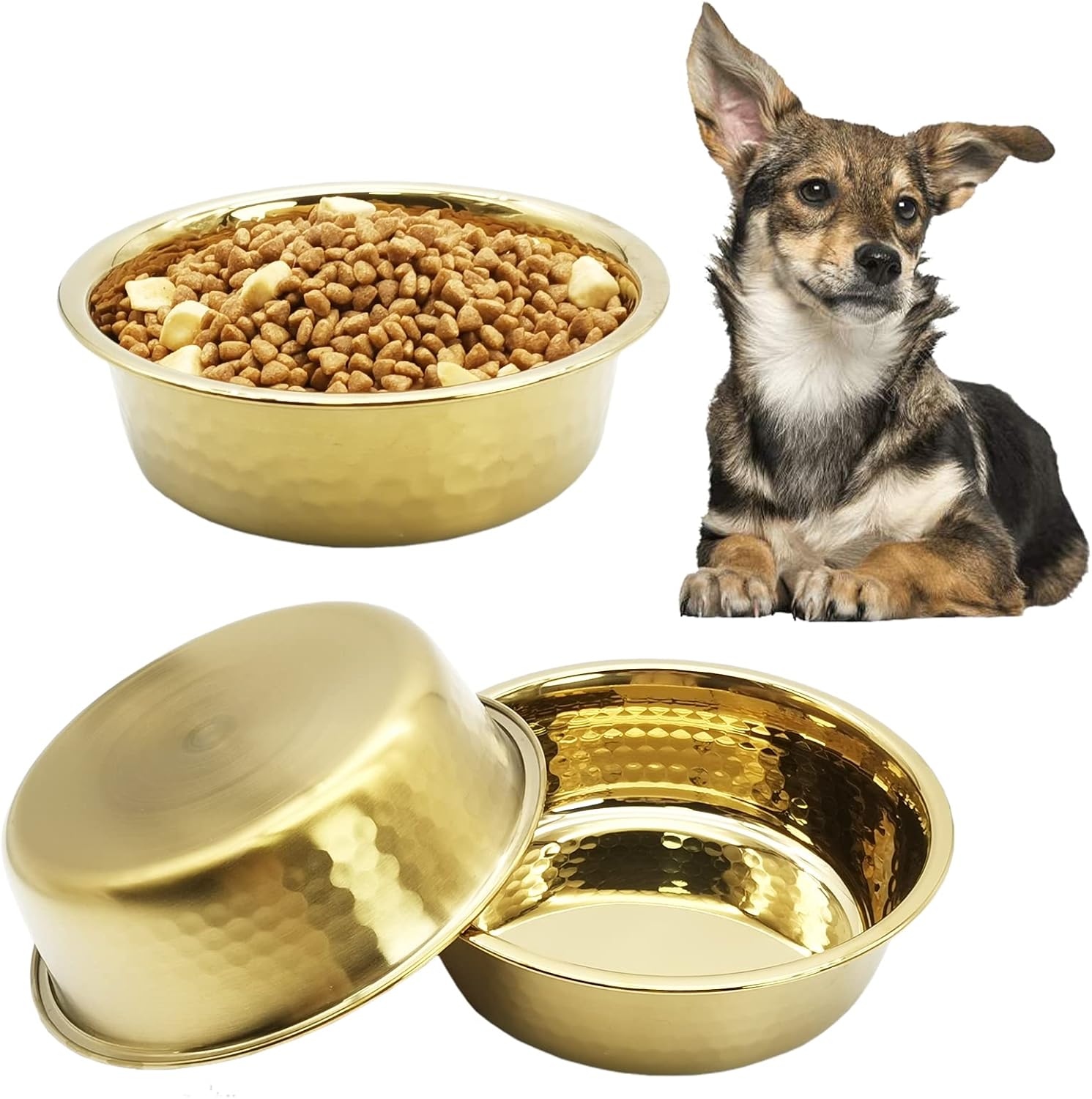 kathson 3pcs Premium Stainless Steel Dog Bowls, Hammered