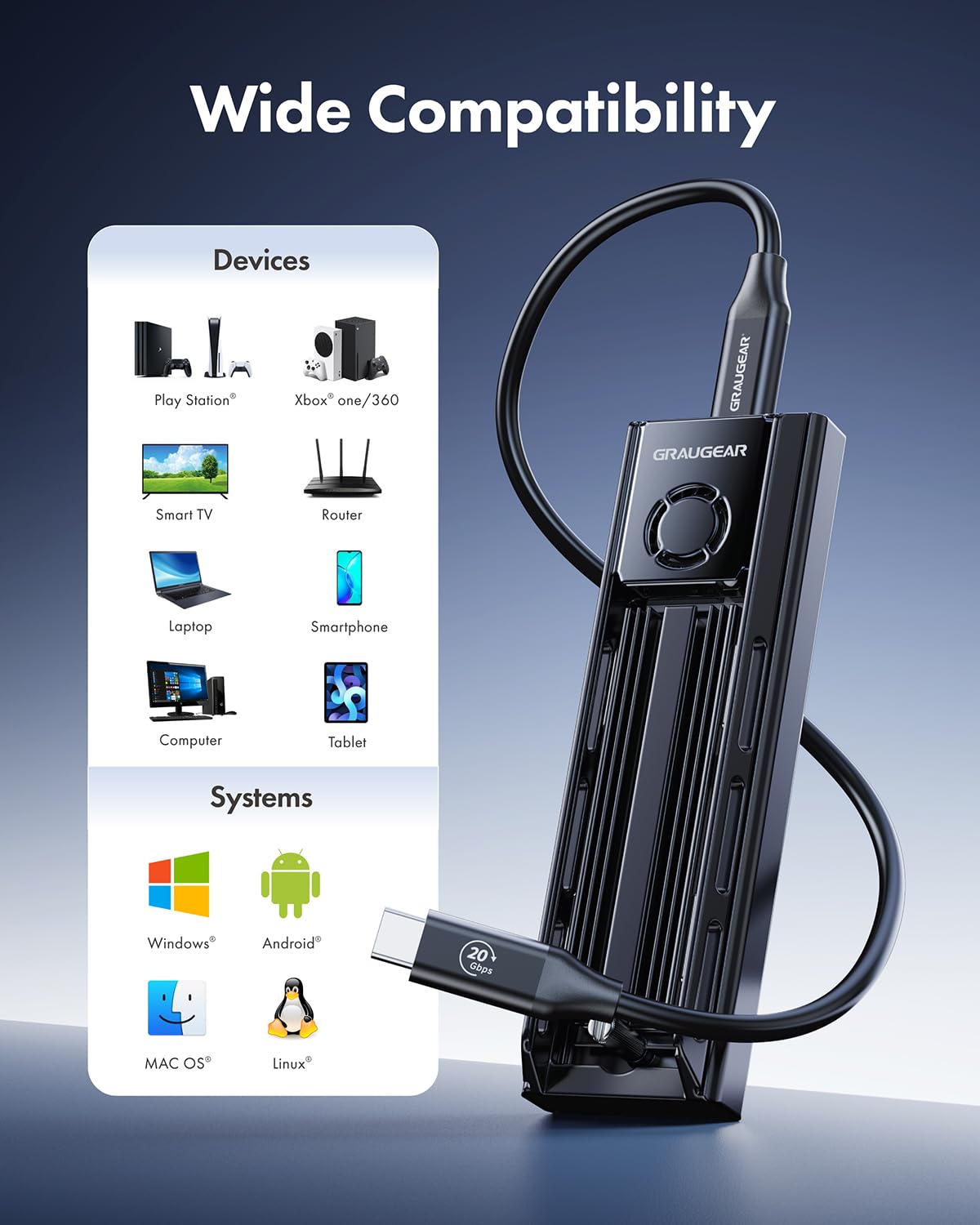 GRAUGEAR M.2 Docking Station 20Gbps for NVMe/NGFF SSD, USB3.2 Gen2x2, Tool-Free