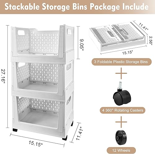 Miniatura 3 de Cesta de almacenamiento de plástico apilable, paquete de 3 organizadores plegables de armario y contenedores de almacenamiento con ruedas, estante