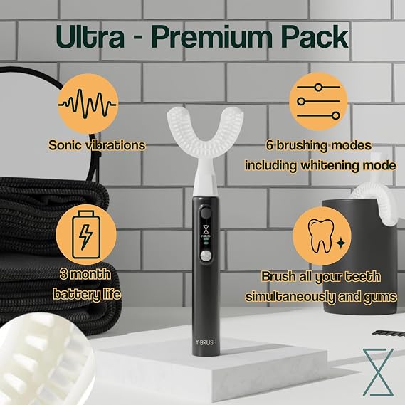 Y-Brush Ultra - Sonic Toothbrush Multiple Modes - 6-Month Battery, Advanced Plaque Removal, Whitening Technology (Ultra - Black, Adult (12-99 yo))