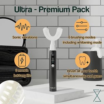 Y-Brush Ultra - Sonic Toothbrush Multiple Modes - 6-Month Battery, Advanced Plaque Removal, Whitening Technology (Ultra - Black, Adult (12-99 yo))