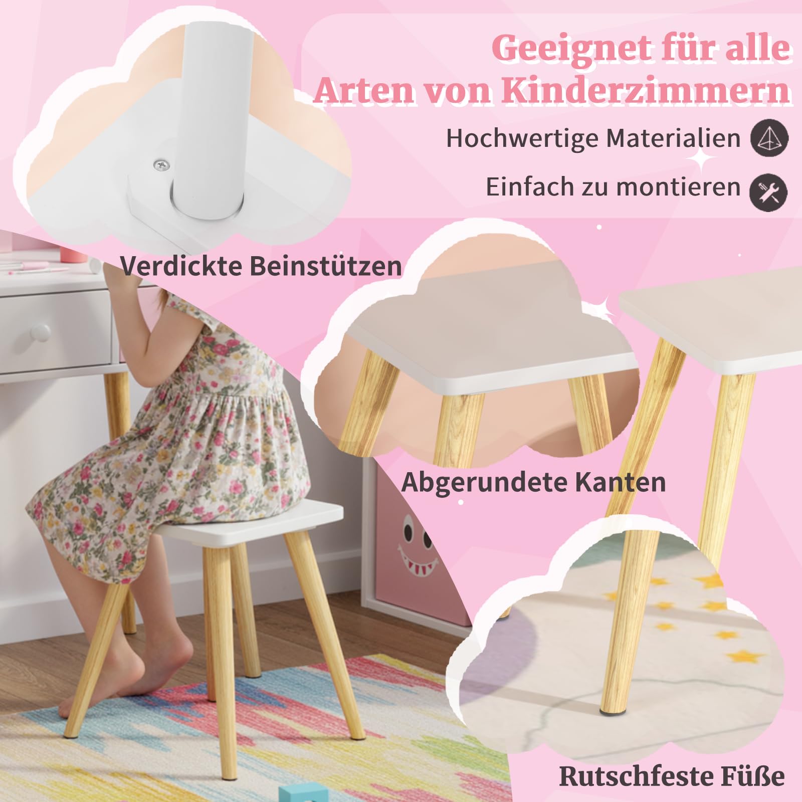 Clevich 2 in 1 Schminktisch Kinder Set, Prinzessin Frisiertisch mit Abnehmbarem Spiegel, 2 Schubladen, Schreibtisch Holz mit Hocker, für Kinder von 3 bis 8 Jahren, Rosa
