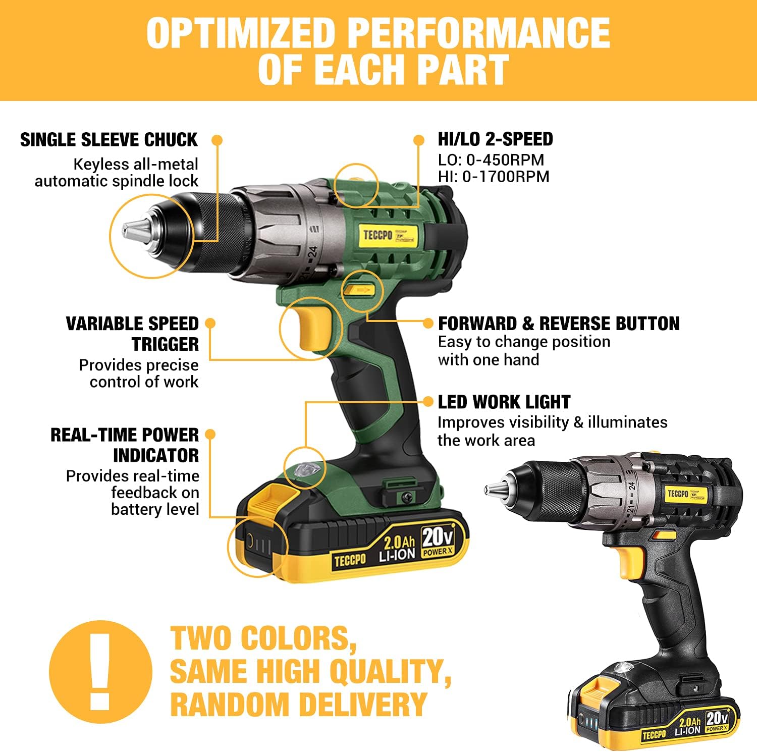 TECCPO Power Drill, Cordless Drill with Battery and Charger(2000mAh), 530 In-lbs, 24+1 Torque Setting, 0-1700RPM Variable Speed, 33pcs Accessories Drill Set, Drill with 1/2" Metal Keyless Chuck : Tools & Home Improvement