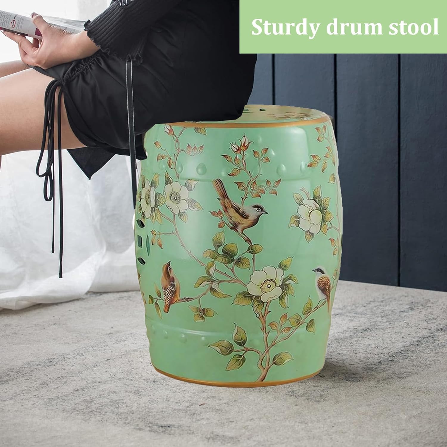 Ceramic Garden Stool,Decorative Floral Porcelain Garden Stool,Round Side Table for Indoor Outdoor,Glazed Hand-Painted Drum Stool for Living Room Balcony Garden(28x46cm(11x18inch), S)
